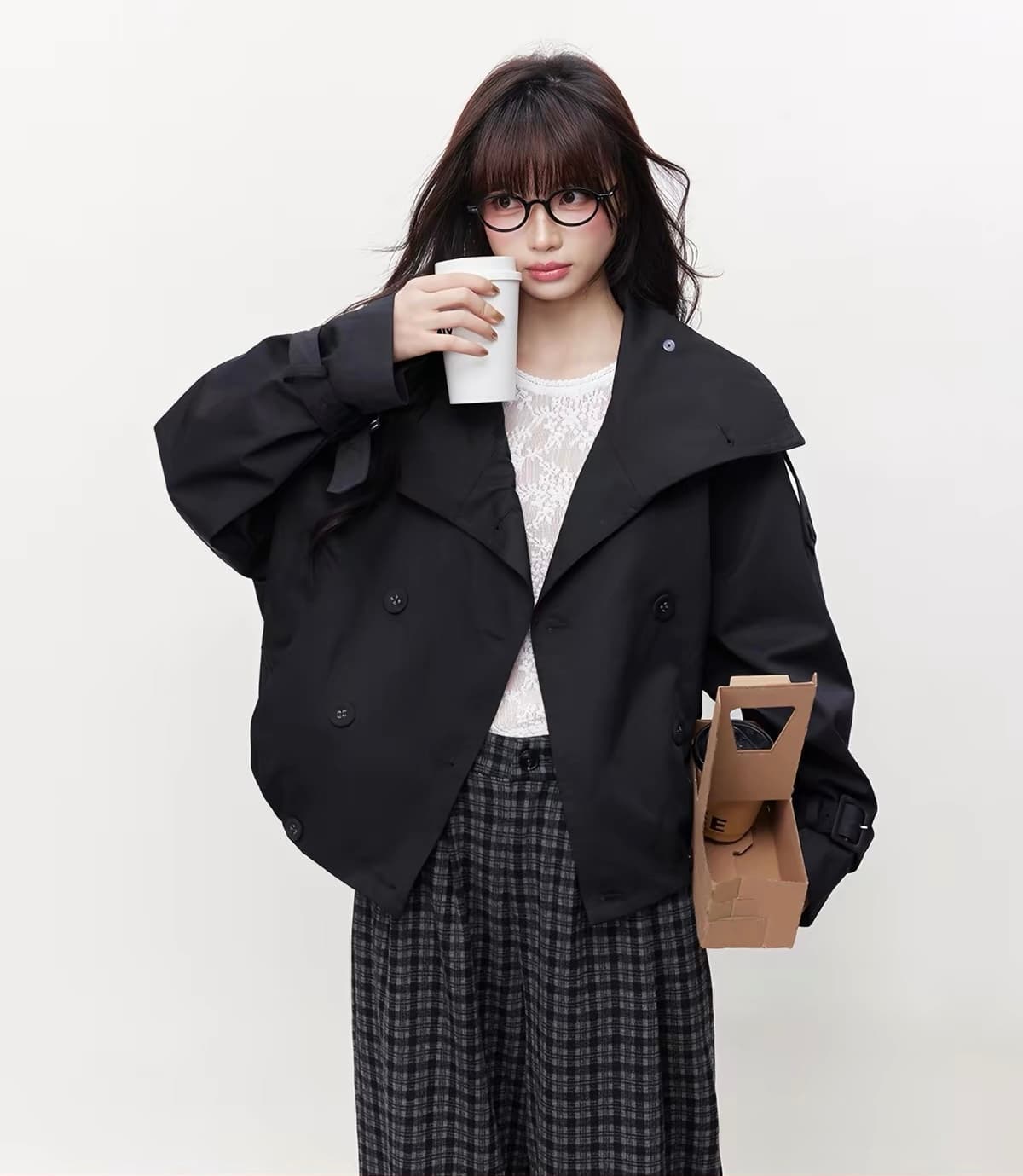 cream kitten 판금 시 레트로 스탠드 칼라 이중 버튼 쇼트 스타일 바람막이 여성 가을 겨울 재킷 맨위