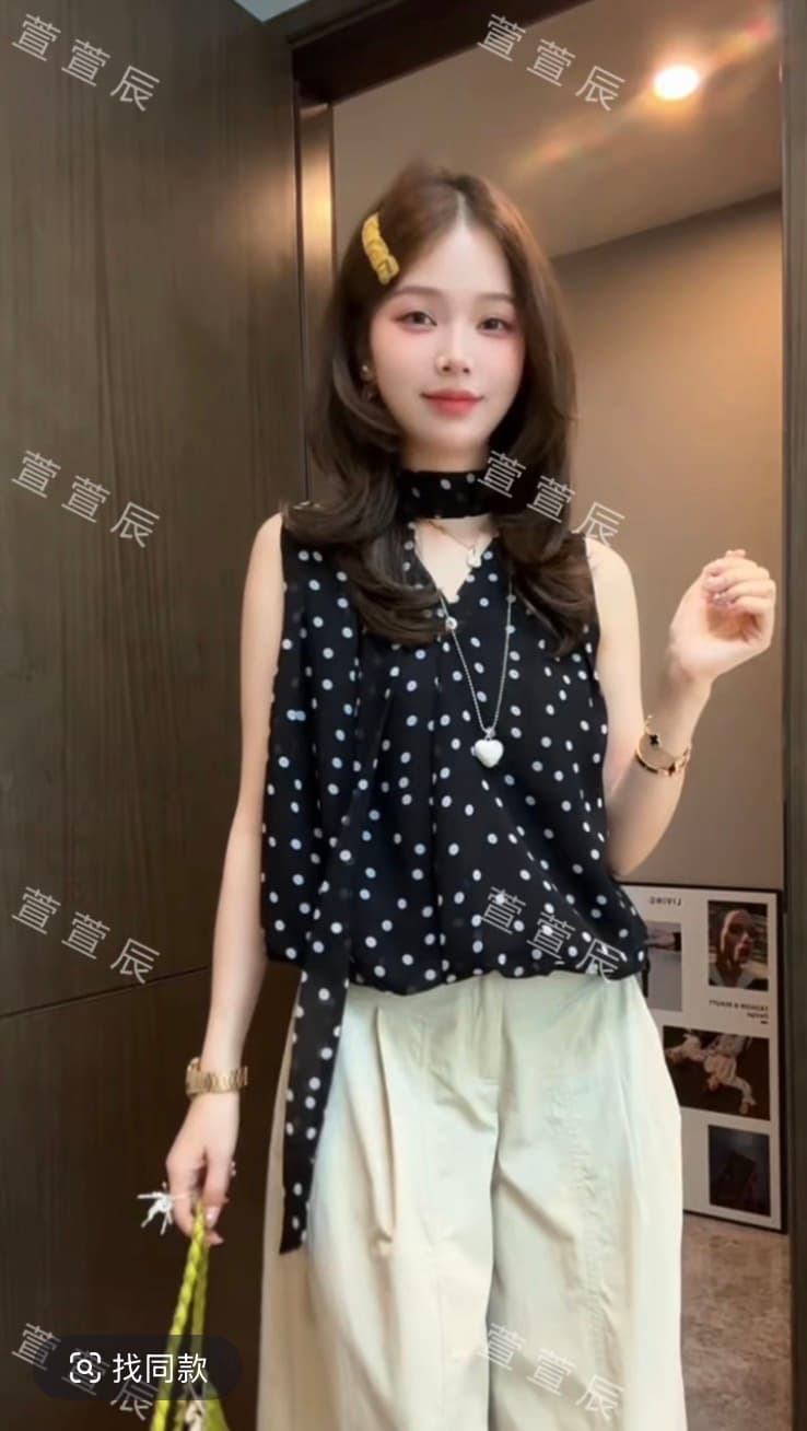 도트 무늬 리본 여름 프랑스식 V넥 민소매 여성 셔츠 디자인 센스 다용도 맨위 와이드 레그 팬츠 어린이 세트 상세 이미지 3