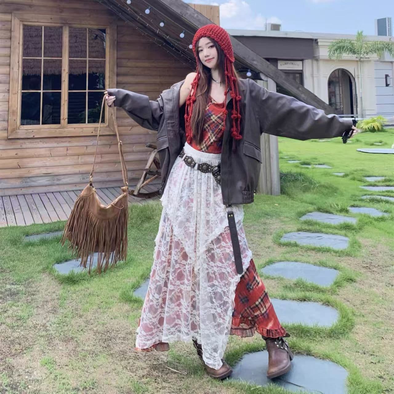 가을 새로운 레트로 다용도 스택 착용 재킷 슬립 드레스 레이스 반신 치마 세트 여성 이미지 2
