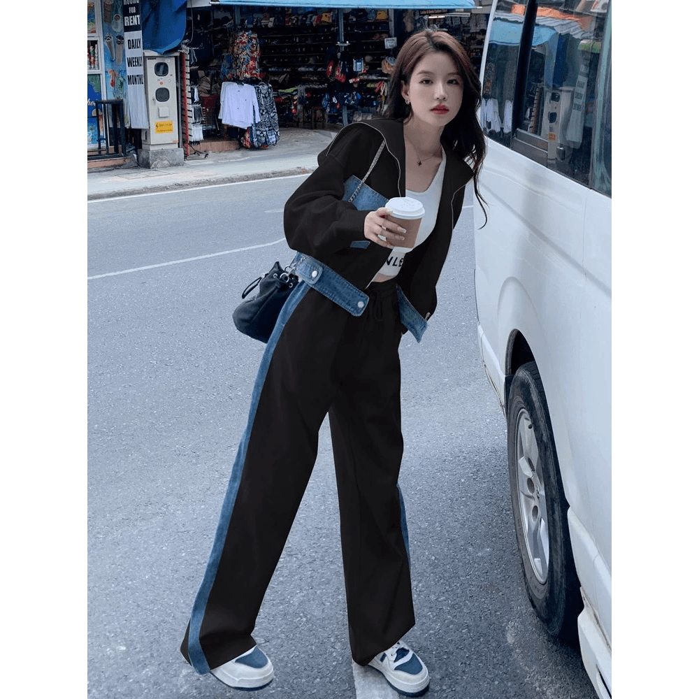 데님 패치워크 캐주얼 스포츠 슈트 여성 2026 가을 의상 새로운 투피스 세트 인기 연령 감소 학원 스타일 이미지 6