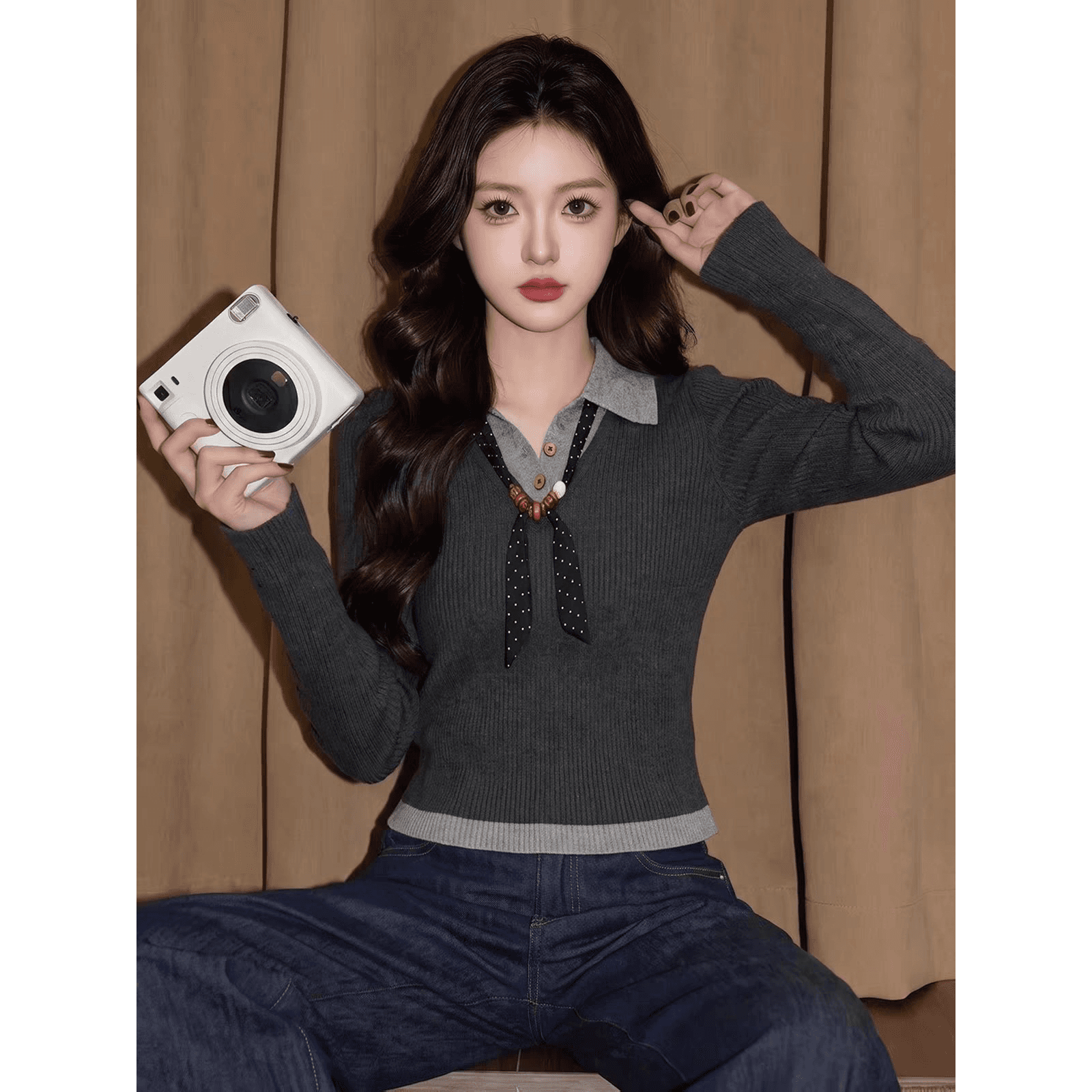 안개 연기가 나는 회색 페이크 레이어드 니트 스웨터 여성 가을 몸매 가꾸기 슬림해 보이는 긴팔 만나는 맨위 상세 이미지 1