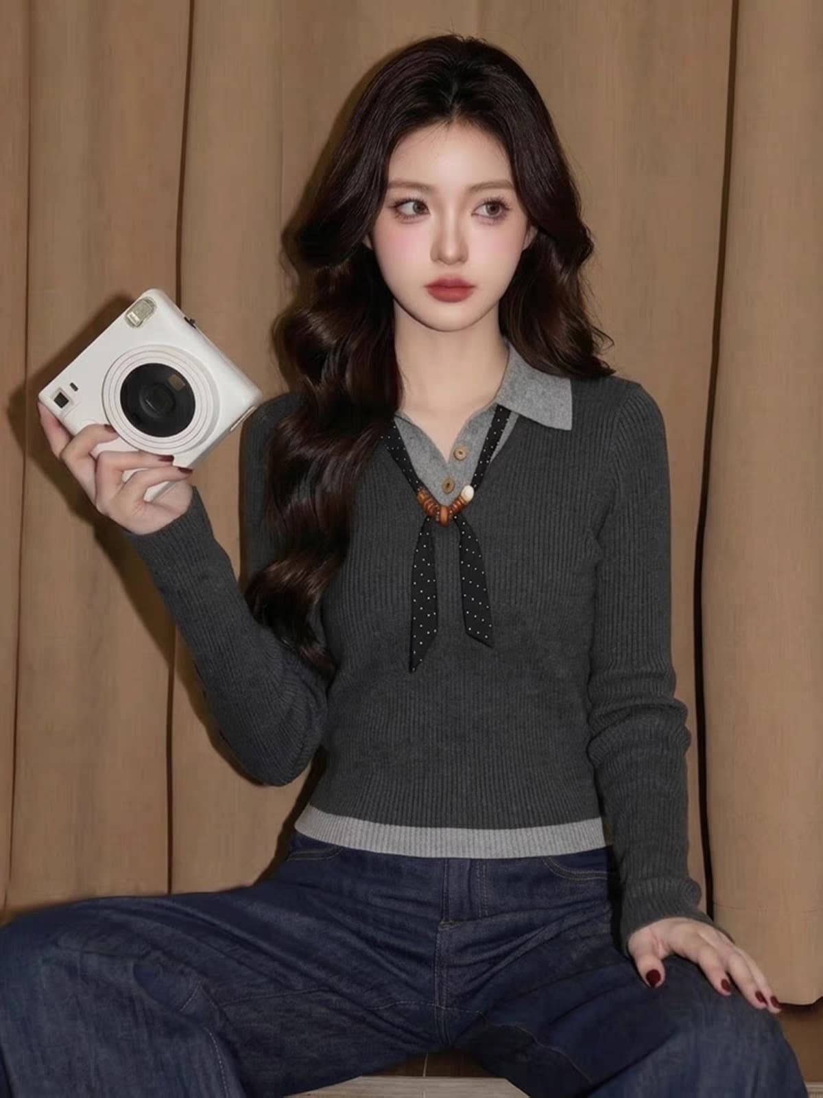 안개 연기가 나는 회색 페이크 레이어드 니트 스웨터 여성 가을 몸매 가꾸기 슬림해 보이는 긴팔 만나는 맨위 상세 이미지 5