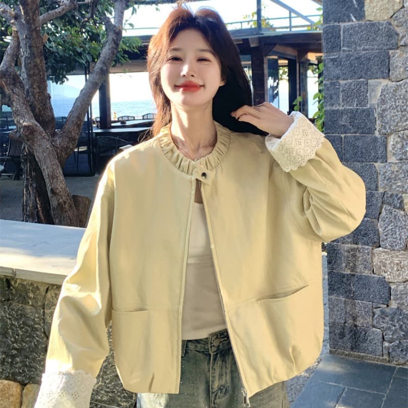 우유 황색 레이스 라운드 넥 레이스 커프스 재킷 여성 코트 봄 가을 2026 새로운 부드러운 절묘한 아름다운 맨위 이미지 6