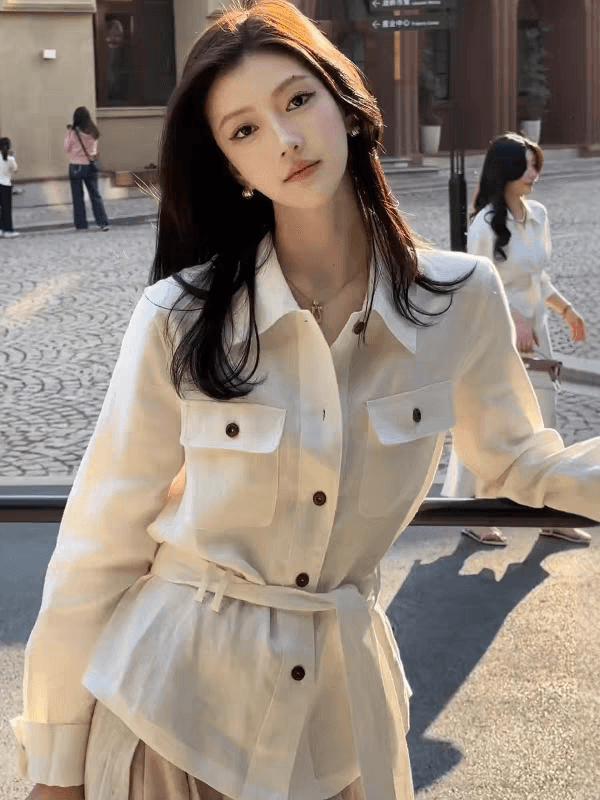 오래된 돈 바람 품격 POLO 칼라 긴팔 여성 셔츠 가을 새로운 루즈핏 허리 수축 레이스업 셔츠 중간 길이 맨위 이미지 3