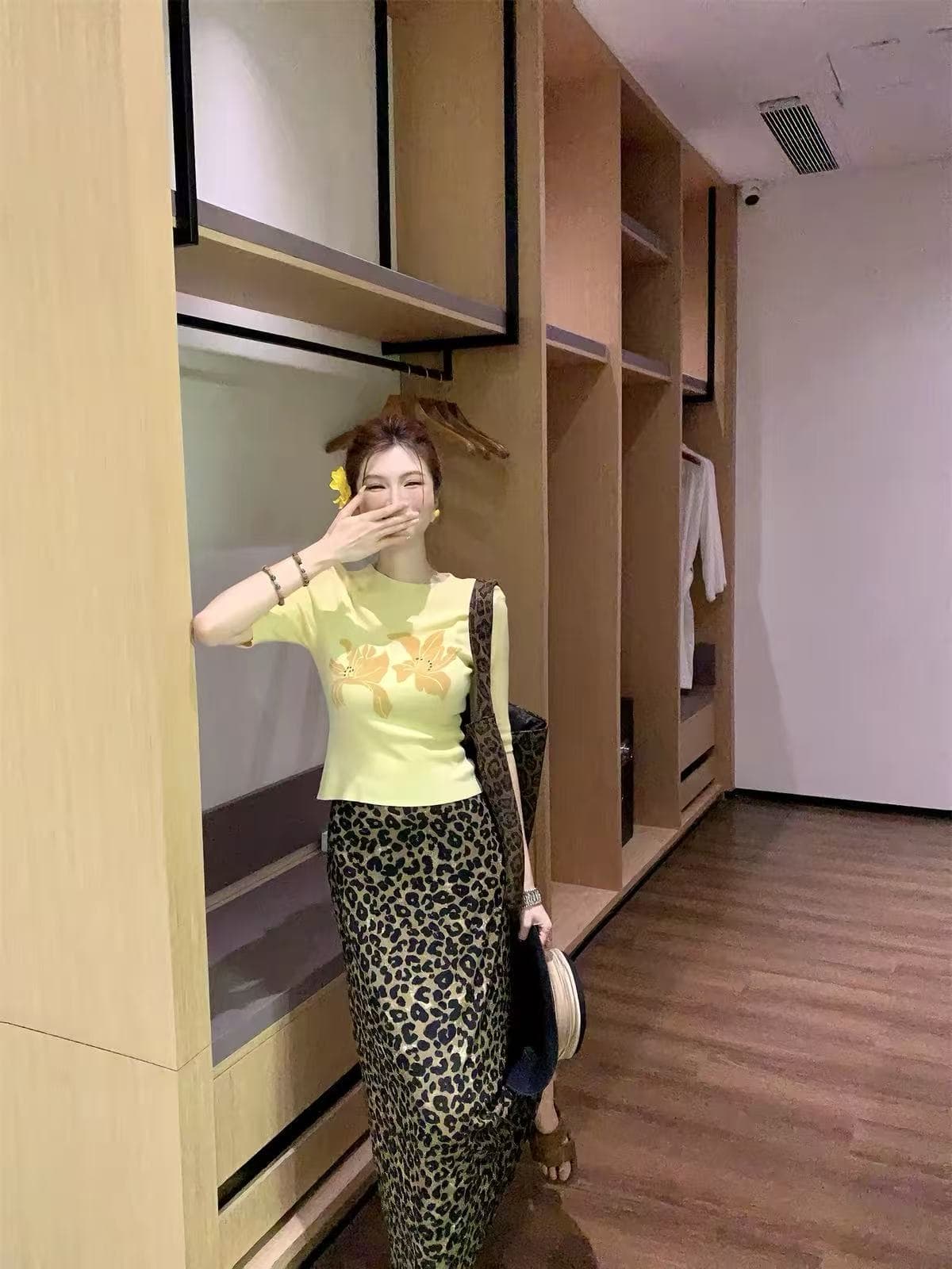 다우 시시 cheese 분위기 질감 이른 가을 한국 스타일 레트로 캐주얼 레오파드 무늬 패션 다용도 하이웨이스트 반신 스커트 여성 여름 이미지 4