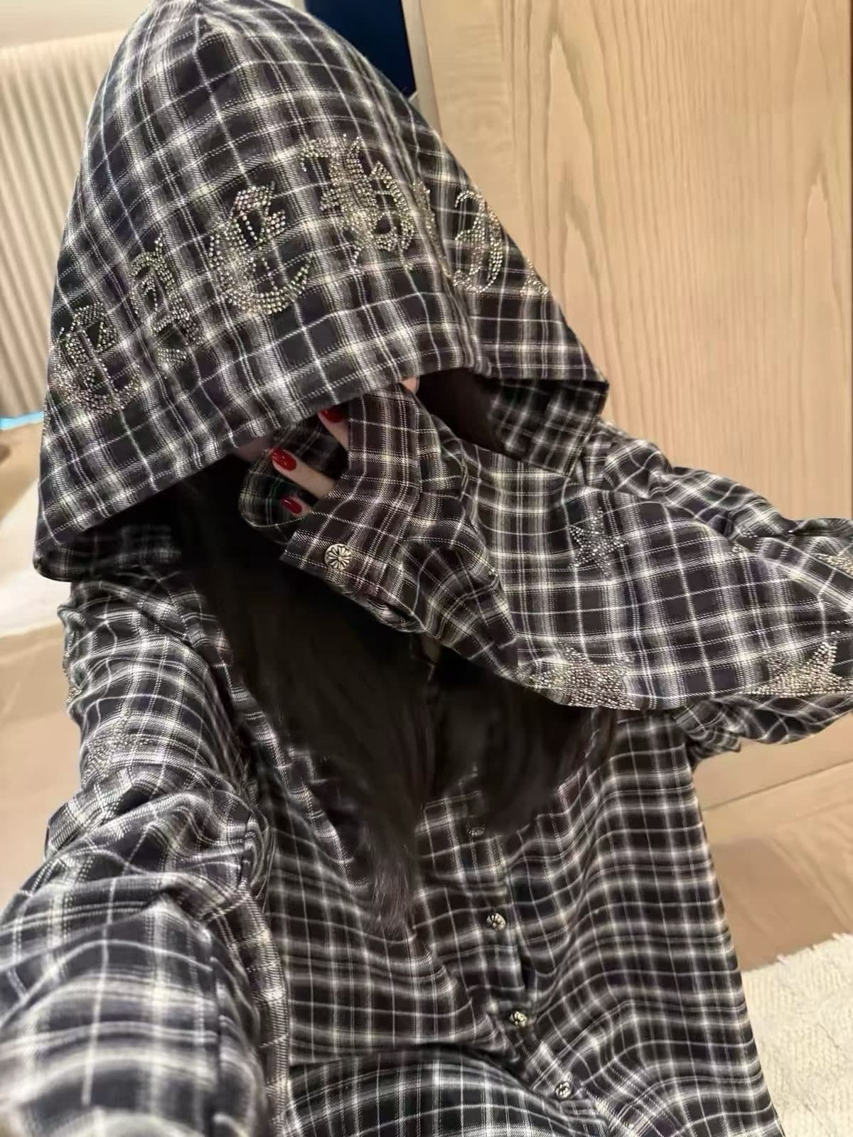 산스크리트어 오각형 별 양팔 핫픽스 후드 여성 셔츠 가을 체크무늬 아메리칸 레트로 핫걸 디자인 센스 맨위 트렌디