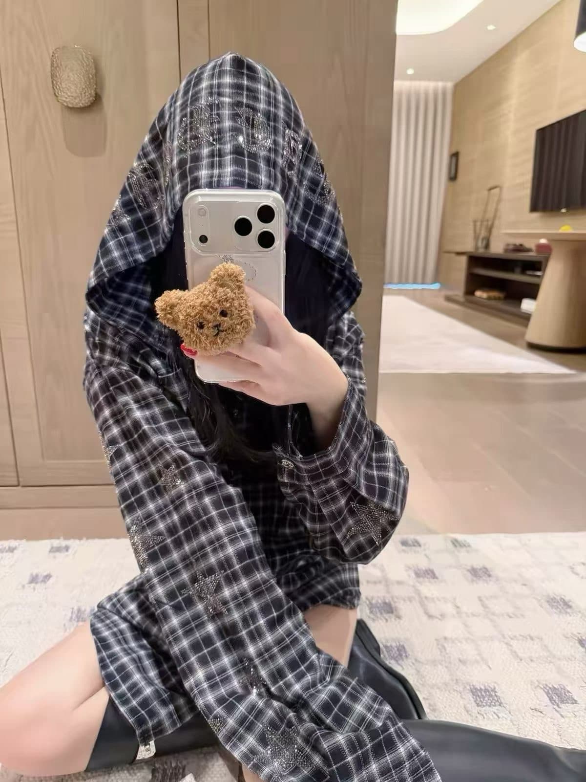 산스크리트어 오각형 별 양팔 핫픽스 후드 여성 셔츠 가을 체크무늬 아메리칸 레트로 핫걸 디자인 센스 맨위 트렌디 이미지 2