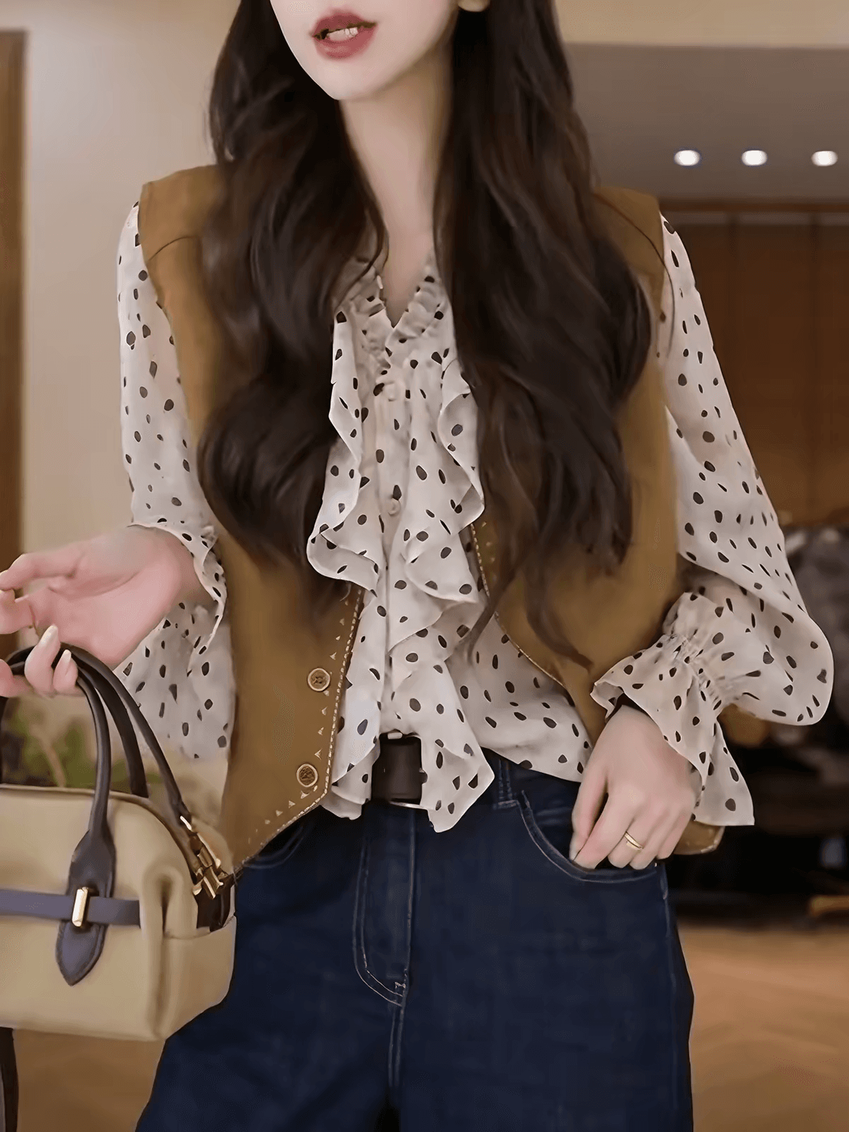 이른 가을 새로운 한 부서 도트 무늬 프릴 긴팔 셔츠 상세 이미지 2