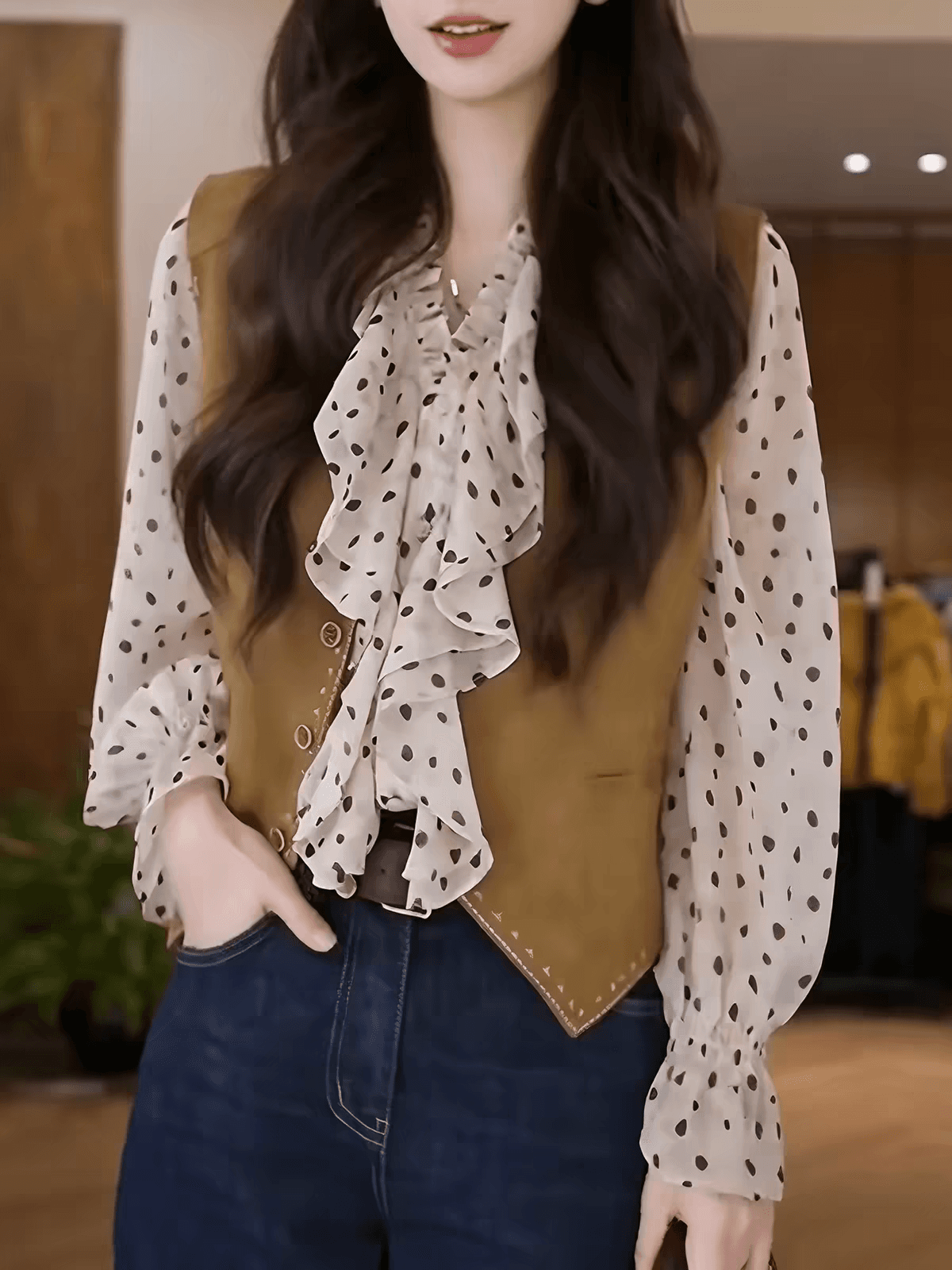 이른 가을 새로운 한 부서 도트 무늬 프릴 긴팔 셔츠 상세 이미지 3