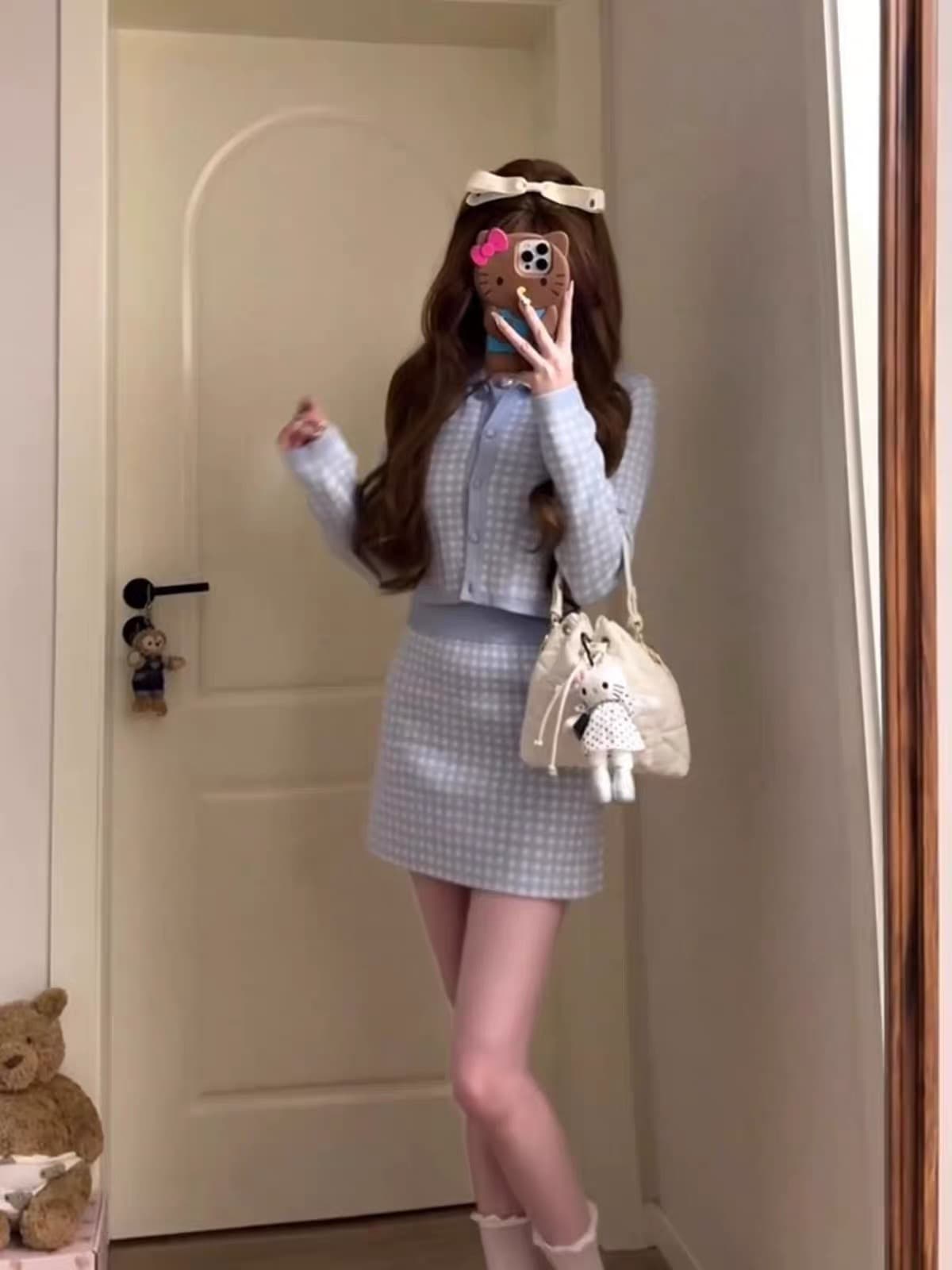 작은 샤넬 스타일 배색 니트 오픈 가디건 세트 여성 가을 천 금빛 바람 품격 다용도 패션 세 조각 세트 이미지 3