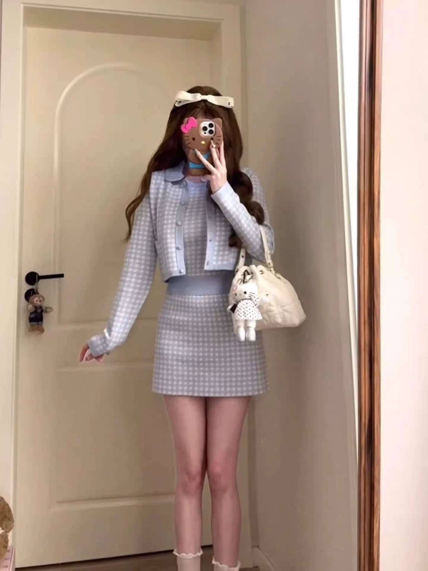 작은 샤넬 스타일 배색 니트 오픈 가디건 세트 여성 가을 천 금빛 바람 품격 다용도 패션 세 조각 세트 상세 이미지 1
