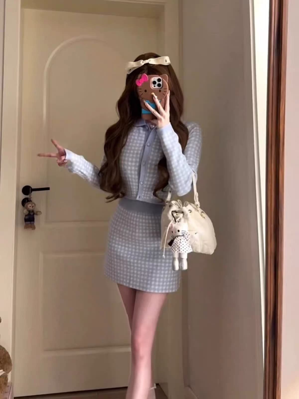 작은 샤넬 스타일 배색 니트 오픈 가디건 세트 여성 가을 천 금빛 바람 품격 다용도 패션 세 조각 세트 상세 이미지 2