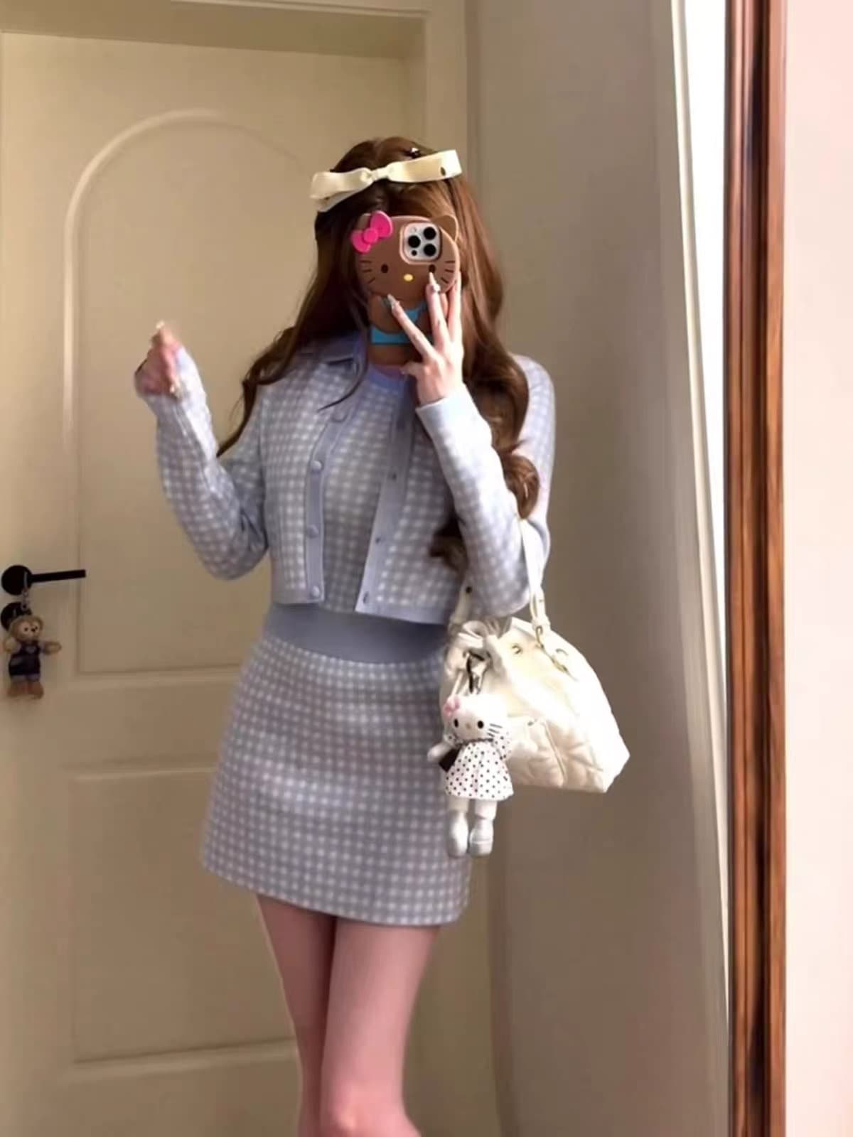 작은 샤넬 스타일 배색 니트 오픈 가디건 세트 여성 가을 천 금빛 바람 품격 다용도 패션 세 조각 세트 상세 이미지 4