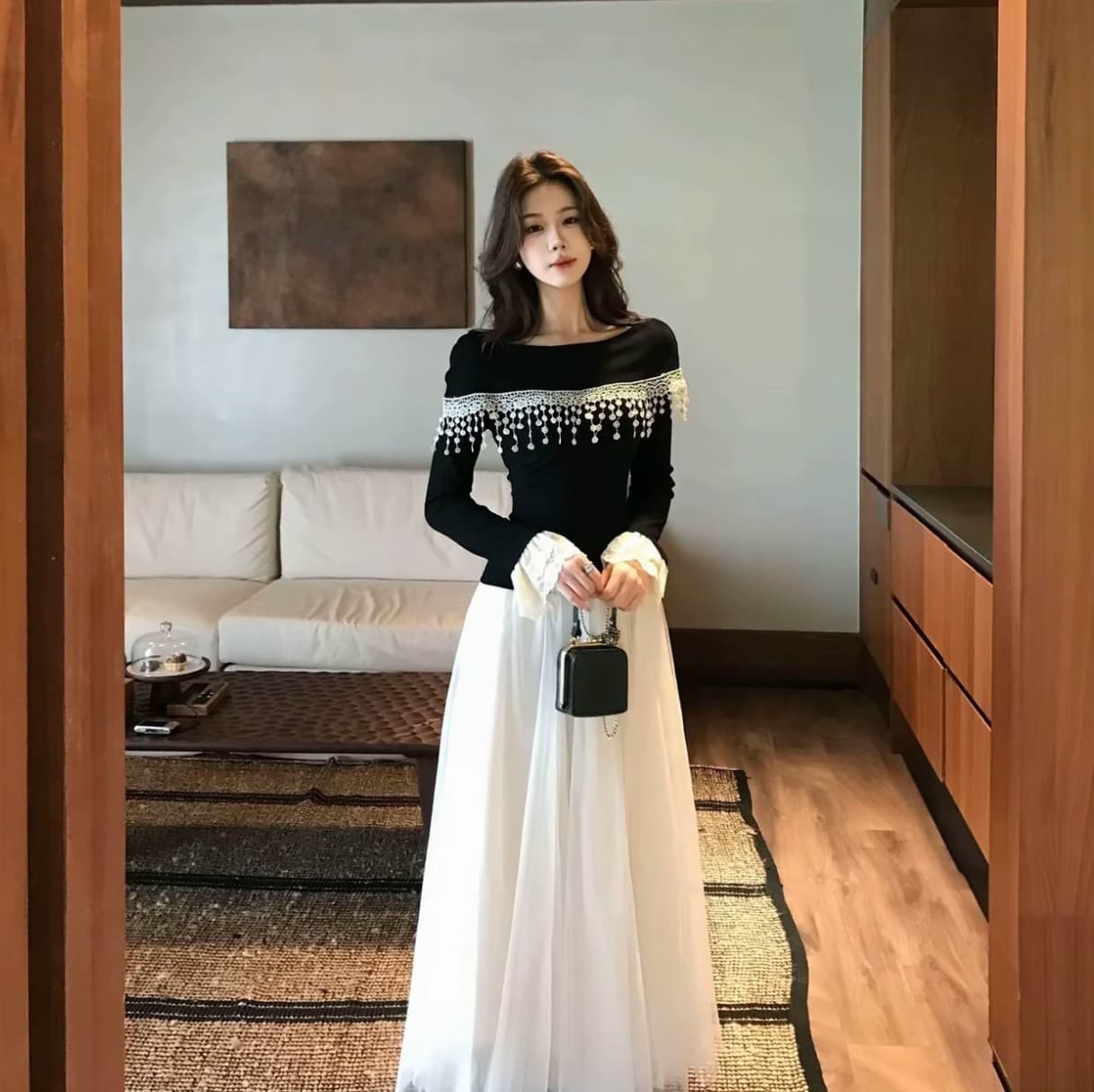 2026 이른 가을 한 부서 부드러운 바람 연령 감소 맨위 망사 반신 스커트 투피스 세트 품격 착용 가져 가라. 세트 상세 이미지 1