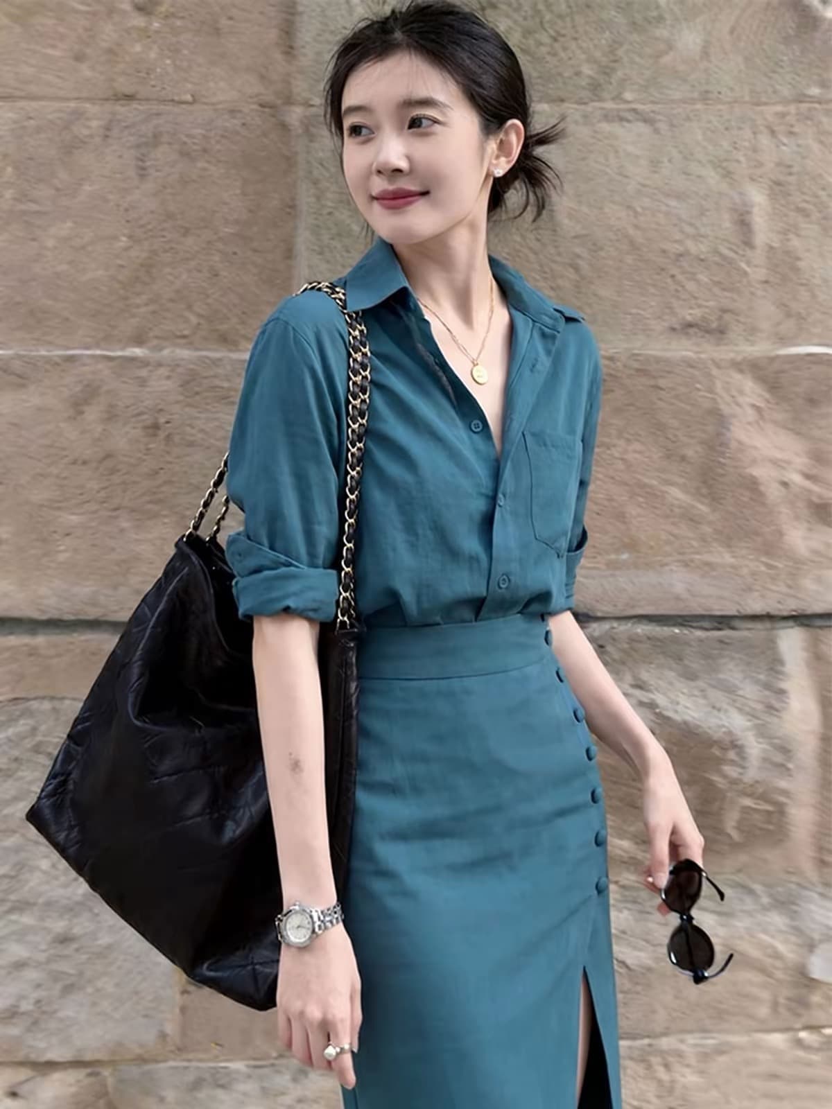 가을 빛 사람들 코치 착용 가져 가라. 숙련 된 품격 관대 한 점잖은 오래된 돈 바람 아마 셔츠 트임 점프 슈트 치마 세트