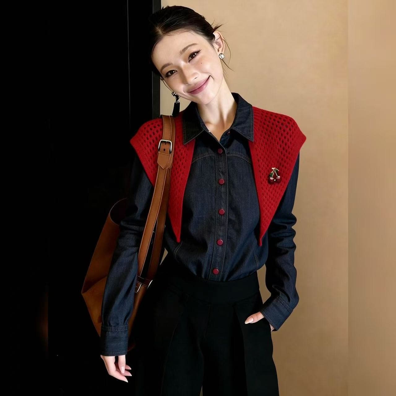 2026 이른 가을 신제품 데님 숄 여성 셔츠 레트로 디자인 센스 슬림해 보이는 출퇴근 일상 미니멀리즘 긴팔 맨위 상세 이미지 1