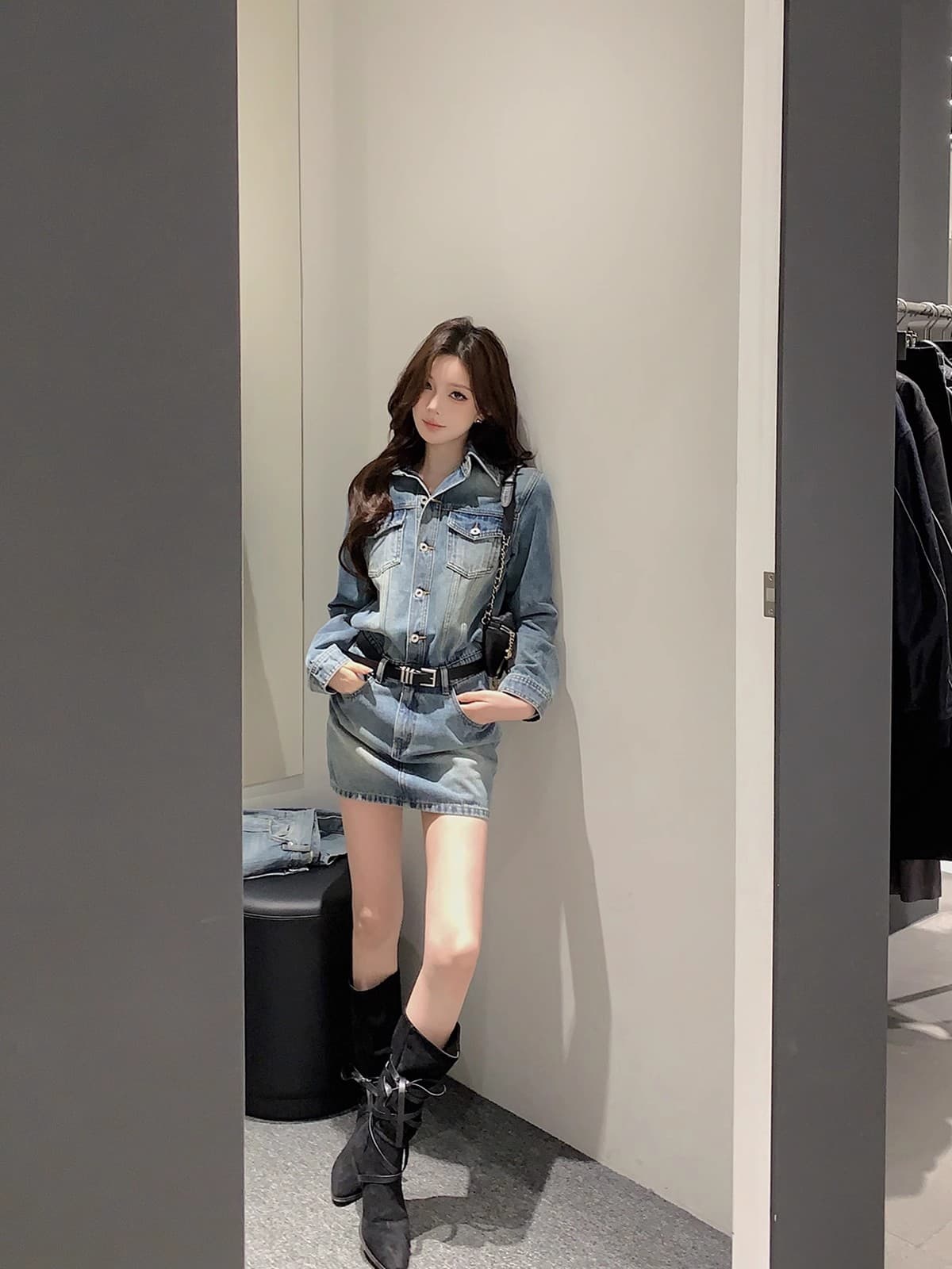 레트로 로얄 자매 바람 데님 여성 드레스 가을 새로운 몸매 가꾸기 슬림해 보이는 품격 배색 치마 상세 이미지 4