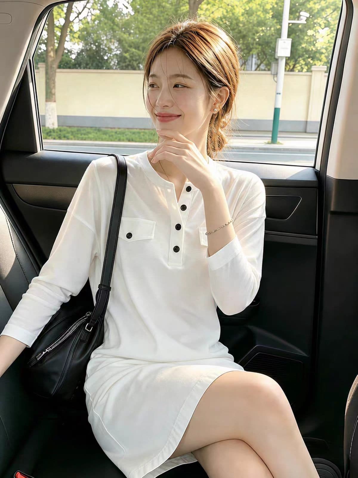 이른 가을 새로운 한 첨부 된 의류 디자인 센스 헨리 칼라 긴팔 티셔츠 여성 레저 얇은 스타일 화이트 기본 셔츠 여성 상세 이미지 2