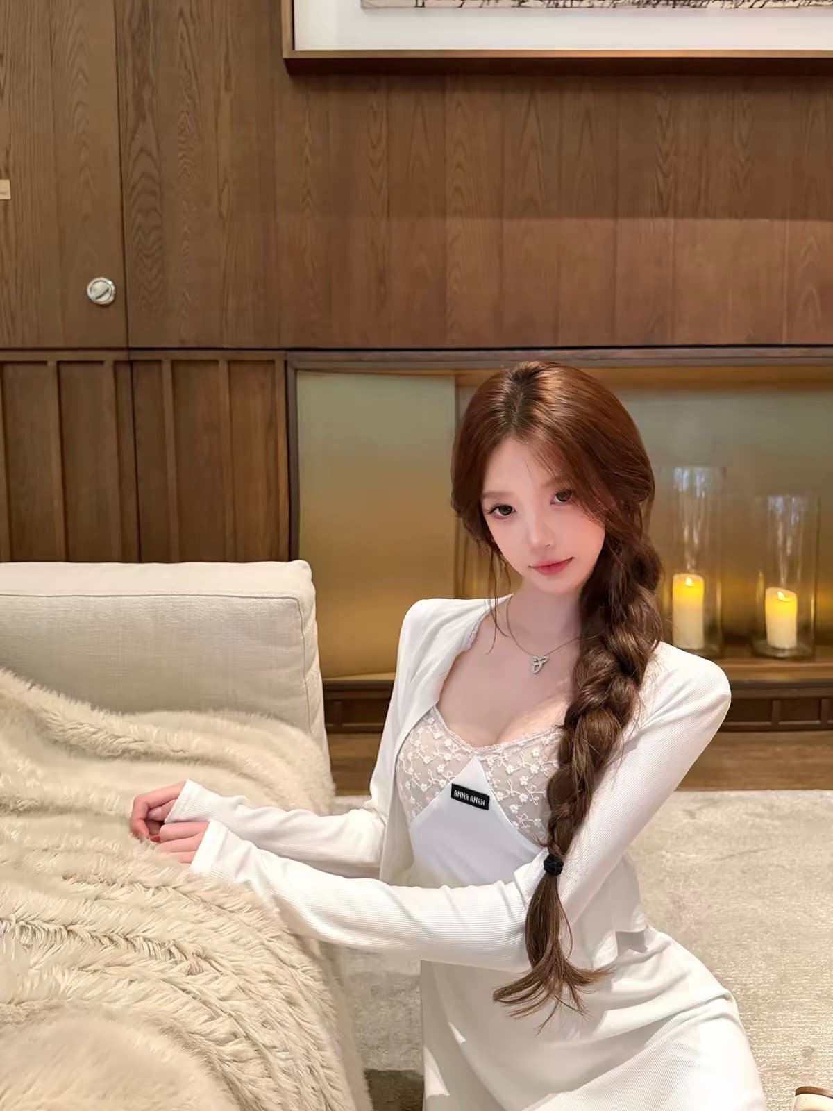 kubilivm1 u 부서 연인 홀로우 아웃 레이스 레이스 니트 세트 여성 의류 화이트 오픈 가디건 드레스 상세 이미지 4