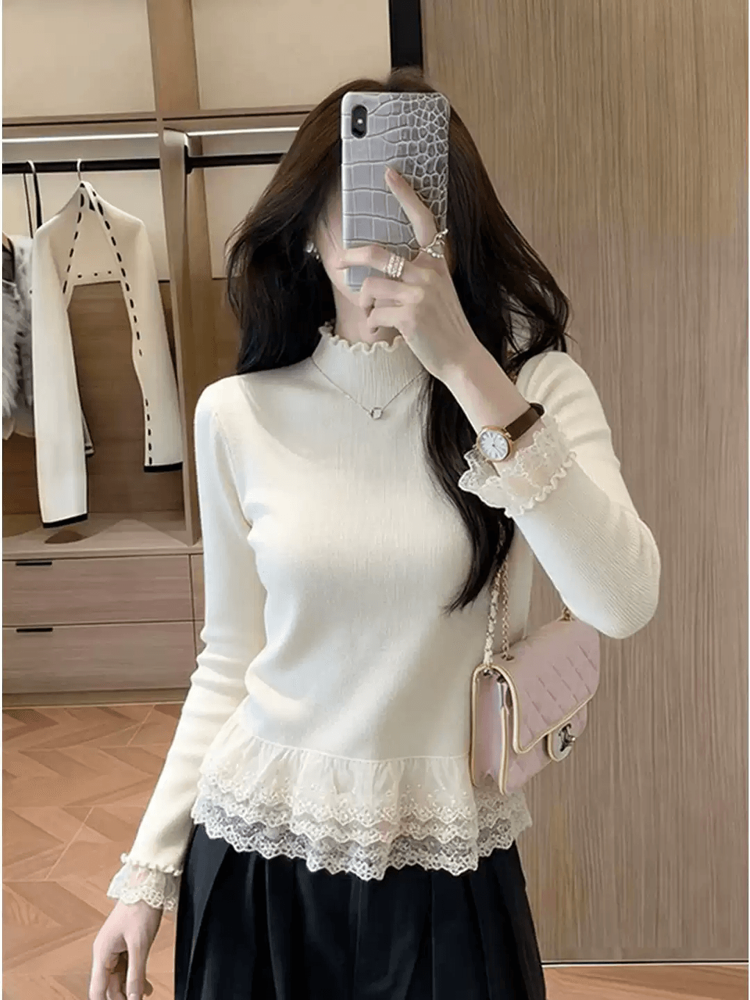 살구 색상 기본 셔츠 여성 가을 겨울 목이버섯 레이스 측면 패치워크 반하이넥 스택 착용 인사이드 가져 가라. 몸매 가꾸기 슬림해 보이는 니트 맨위 상세 이미지 1