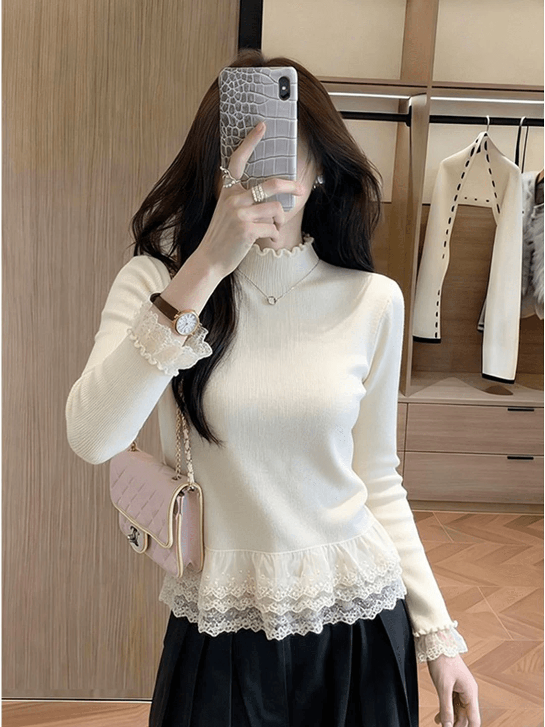 살구 색상 기본 셔츠 여성 가을 겨울 목이버섯 레이스 측면 패치워크 반하이넥 스택 착용 인사이드 가져 가라. 몸매 가꾸기 슬림해 보이는 니트 맨위 상세 이미지 3