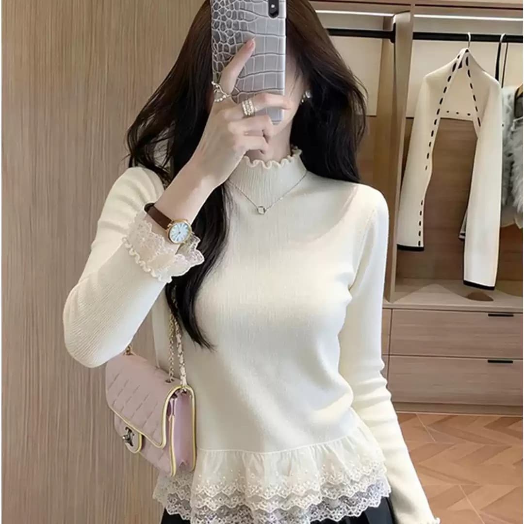 살구 색상 기본 셔츠 여성 가을 겨울 목이버섯 레이스 측면 패치워크 반하이넥 스택 착용 인사이드 가져 가라. 몸매 가꾸기 슬림해 보이는 니트 맨위 상세 이미지 4