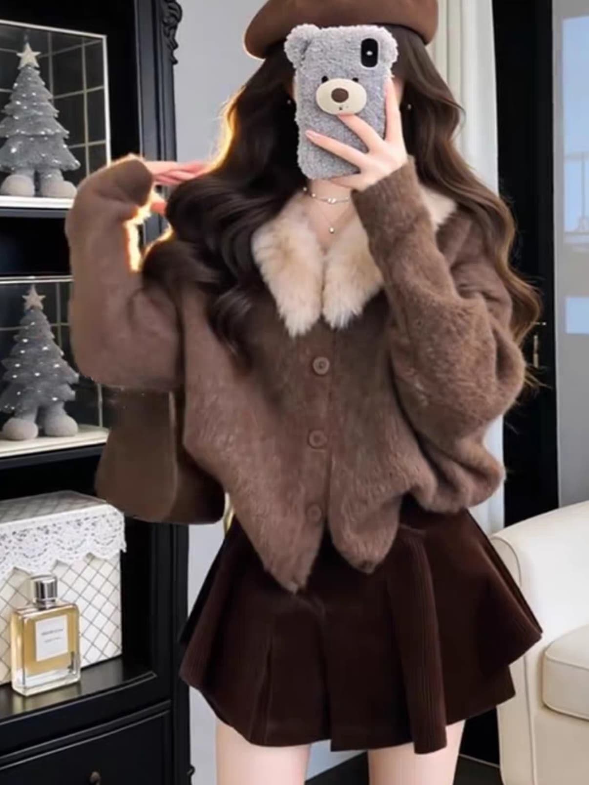 가을 겨울 새로운 향기로운 품격 모피 칼라 부드러운 찹쌀 니트 오픈 가디건 여성 의류 다용도 자이언트 잘 생긴 스웨터 코트 이미지 2