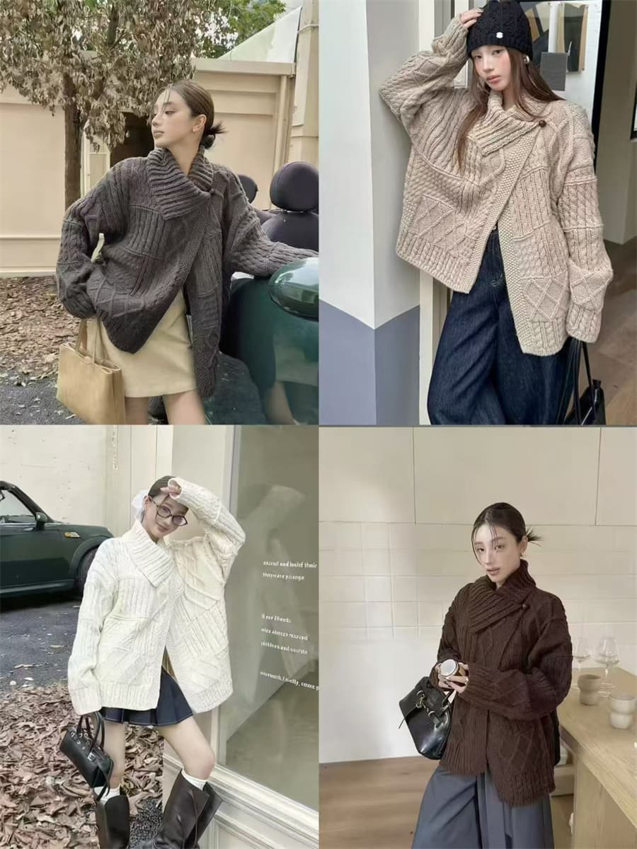 한 세대 3 차원 꽈배기 폴로 칼라 두꺼운 스웨터 오픈 가디건 여성 2026 새로운 고급 센스 부드러운 찹쌀 니트 맨위 상세 이미지 1