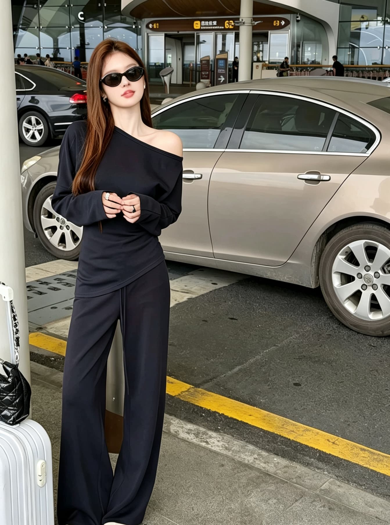 2026 가을 새로운 느슨함 센스 비스듬한 어깨 후드티 하이웨이스트 넓은 다리 길이 바지 캐주얼 투피스 세트