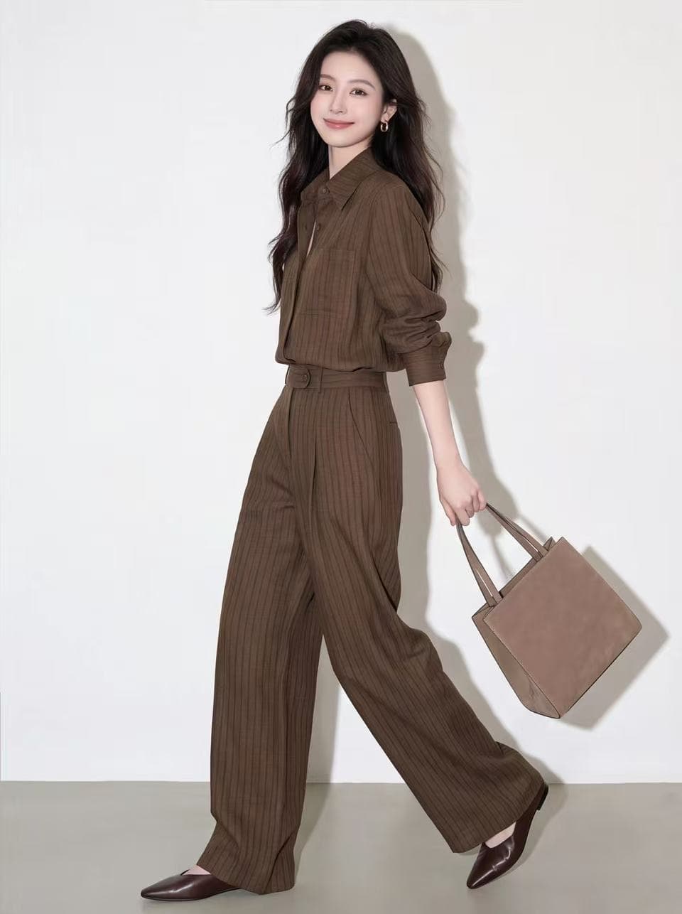 2026 년 조기 가을 빛 사람들 코치 빛 요리 한 바람 스트라이프 셔츠 투피스 세트 바지 여성 허리 수축 슬림해 보이는 패션 상세 이미지 1
