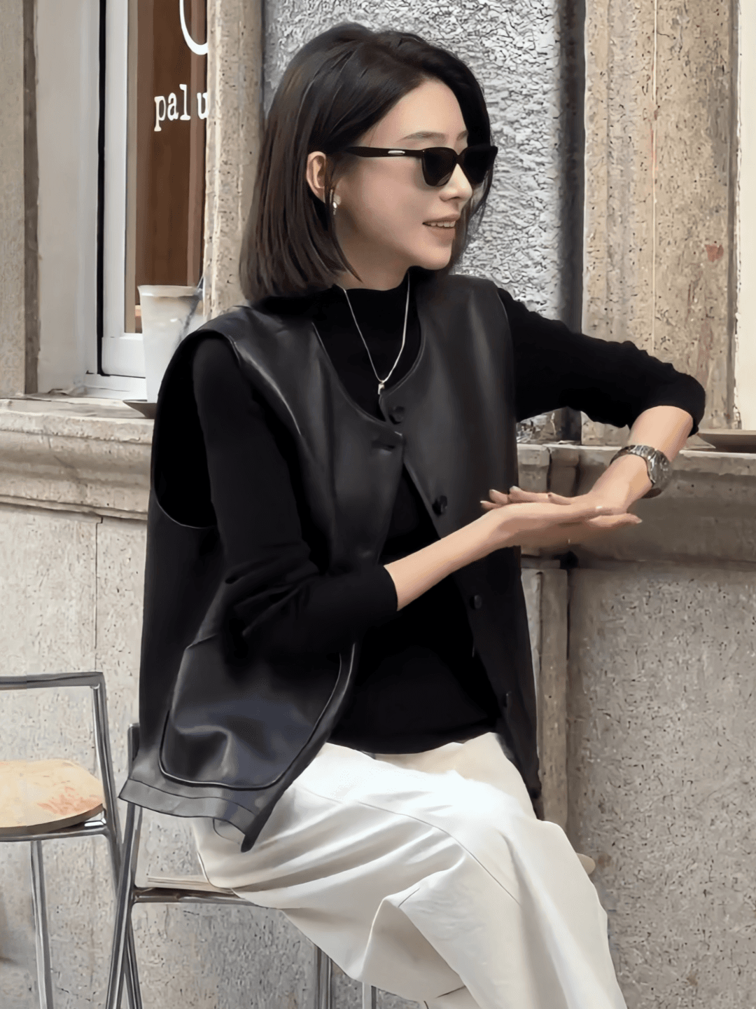 레트로 PU 가죽 민소매 베스트 봄 가을 상세 이미지 1
