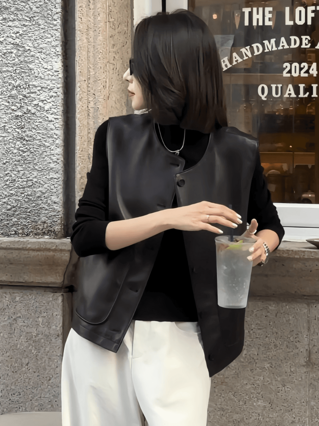 레트로 PU 가죽 민소매 베스트 봄 가을 상세 이미지 2