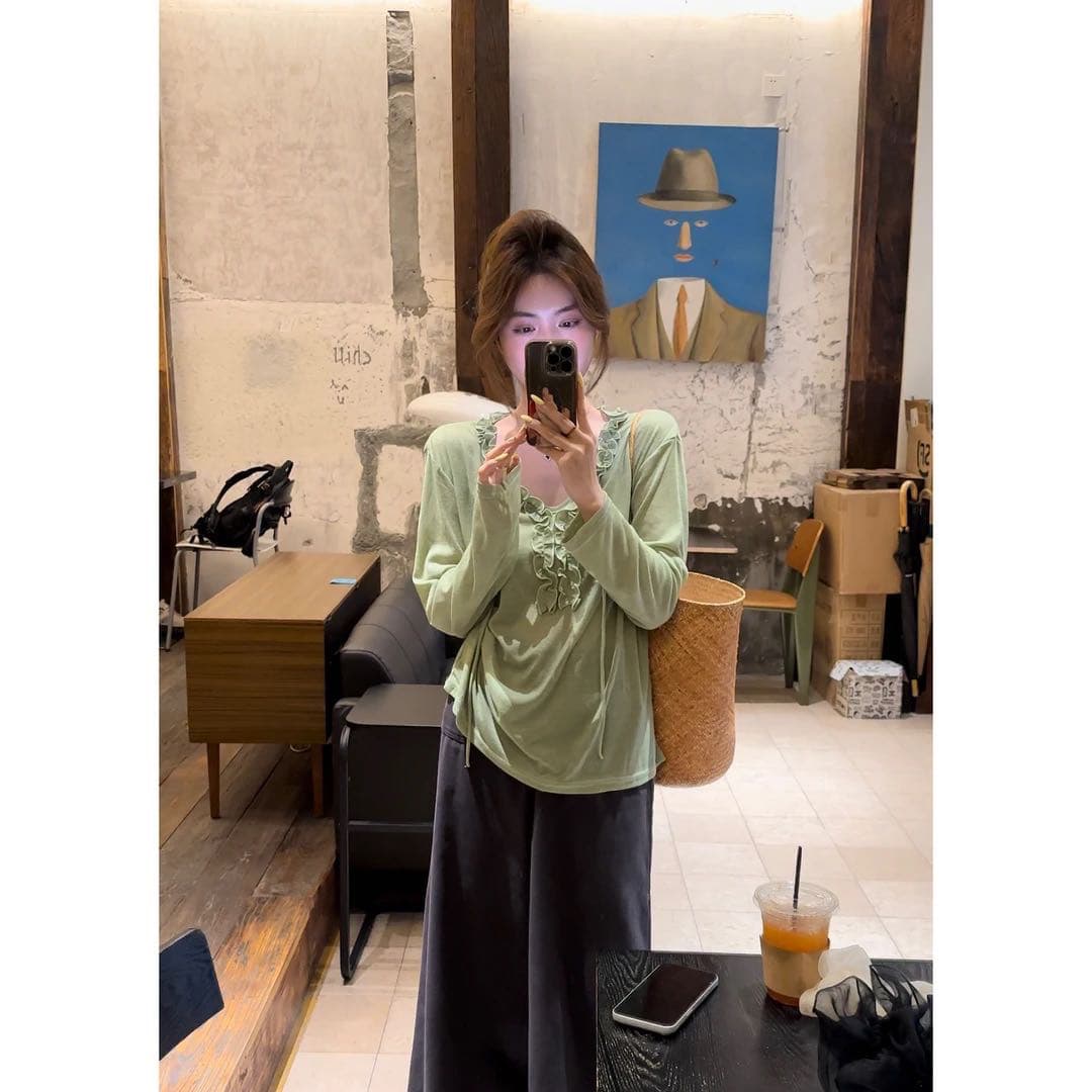 2026 이른 가을 두 복숭아의 꽃 측면 자외선 차단 tee 한 부서 작은 대중 디자인 센스 부드러운 찹쌀 느슨함 블라우스 맨위 이미지 2