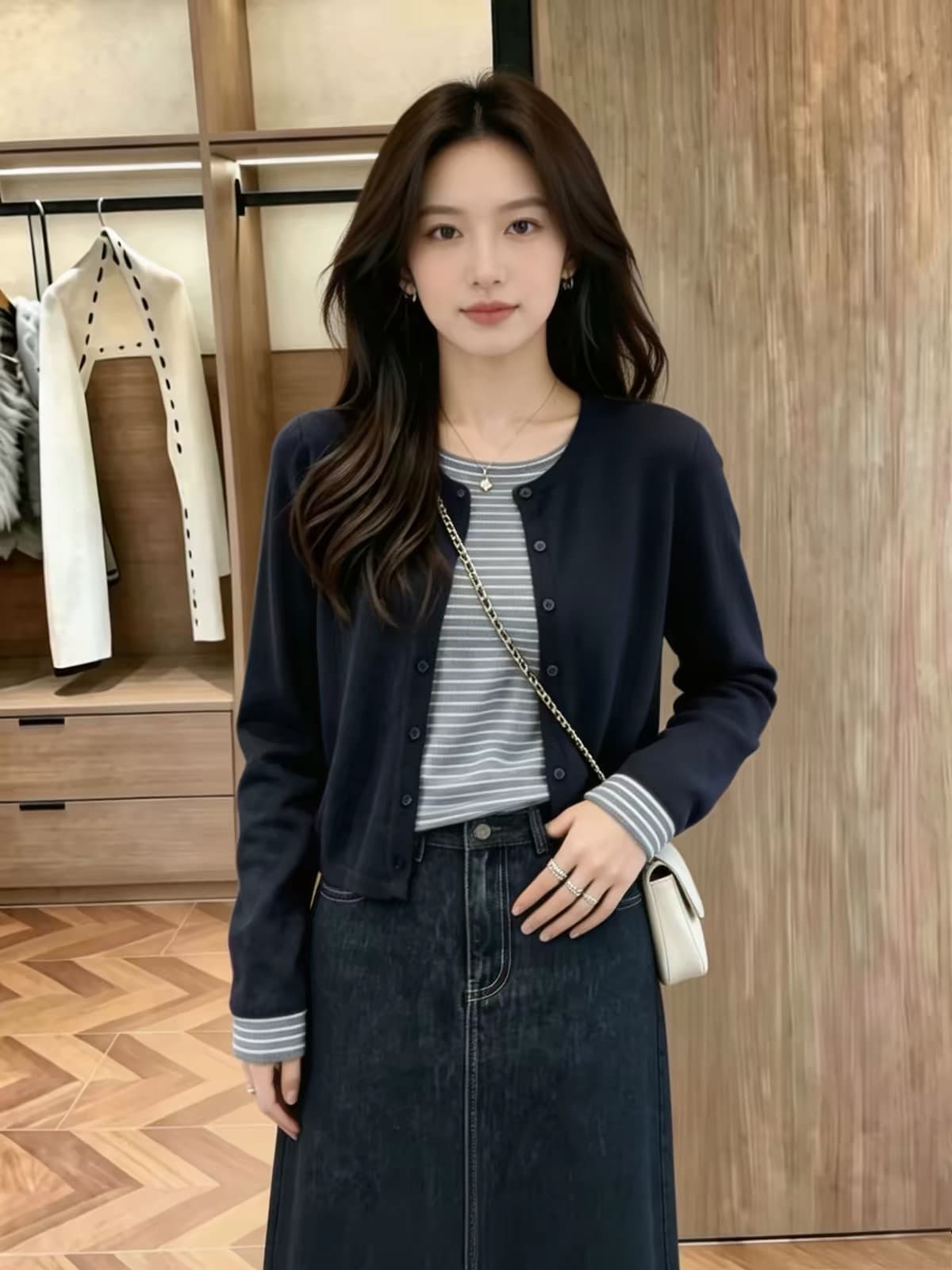 2026 새로운 조기 가을 고급 센스 패션 외국 가스 맨위 스트라이프 페이크 레이어드 라운드 넥 긴팔 니트 오픈 가디건 여성 상세 이미지 4