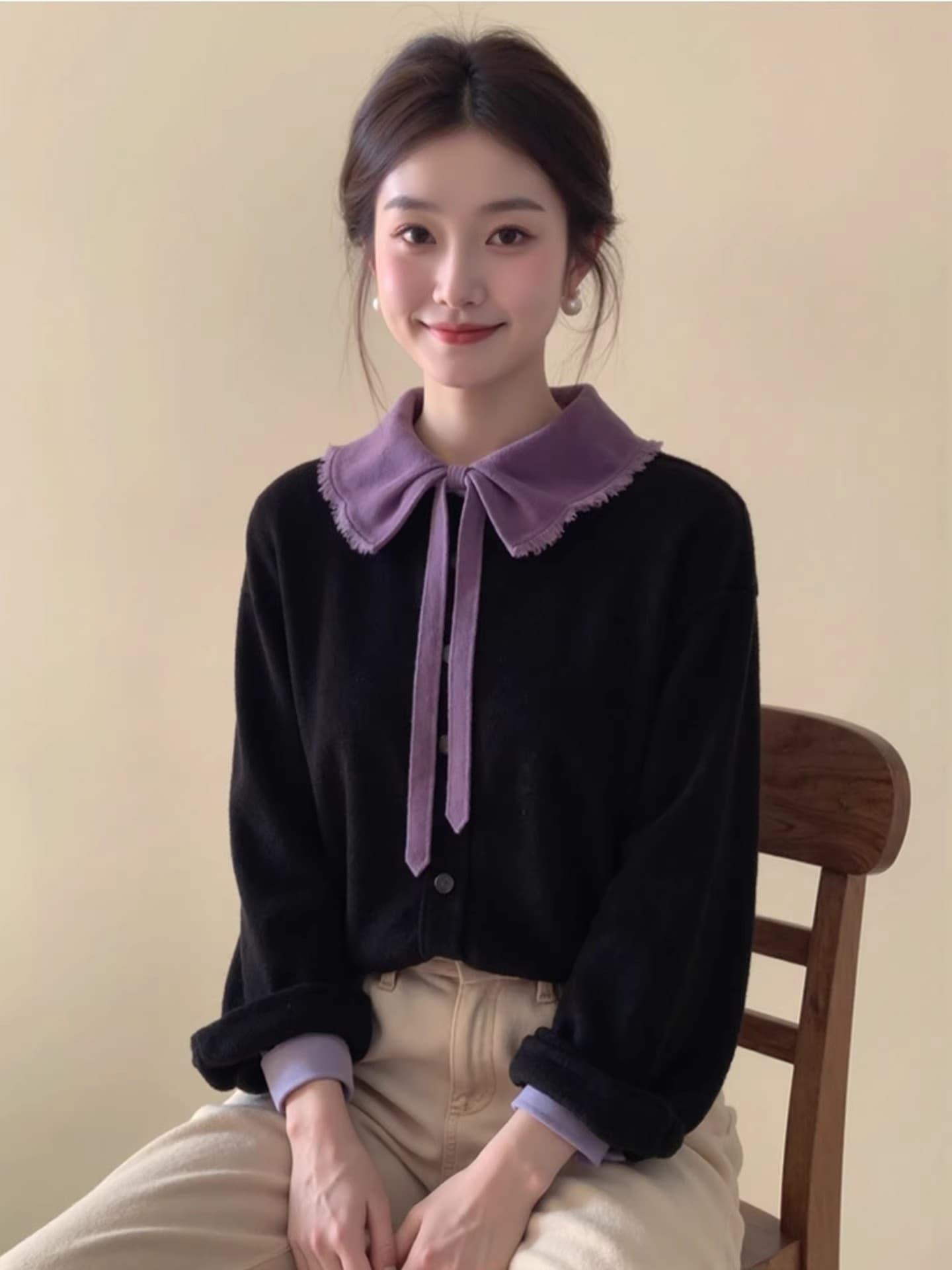 2026 슈퍼 화재 연령 감소 검정색 배색 베이비 칼라 벨벳 맨위 여성 가을 디자인 센스 고유 한 아름다운 품격 작은 셔츠