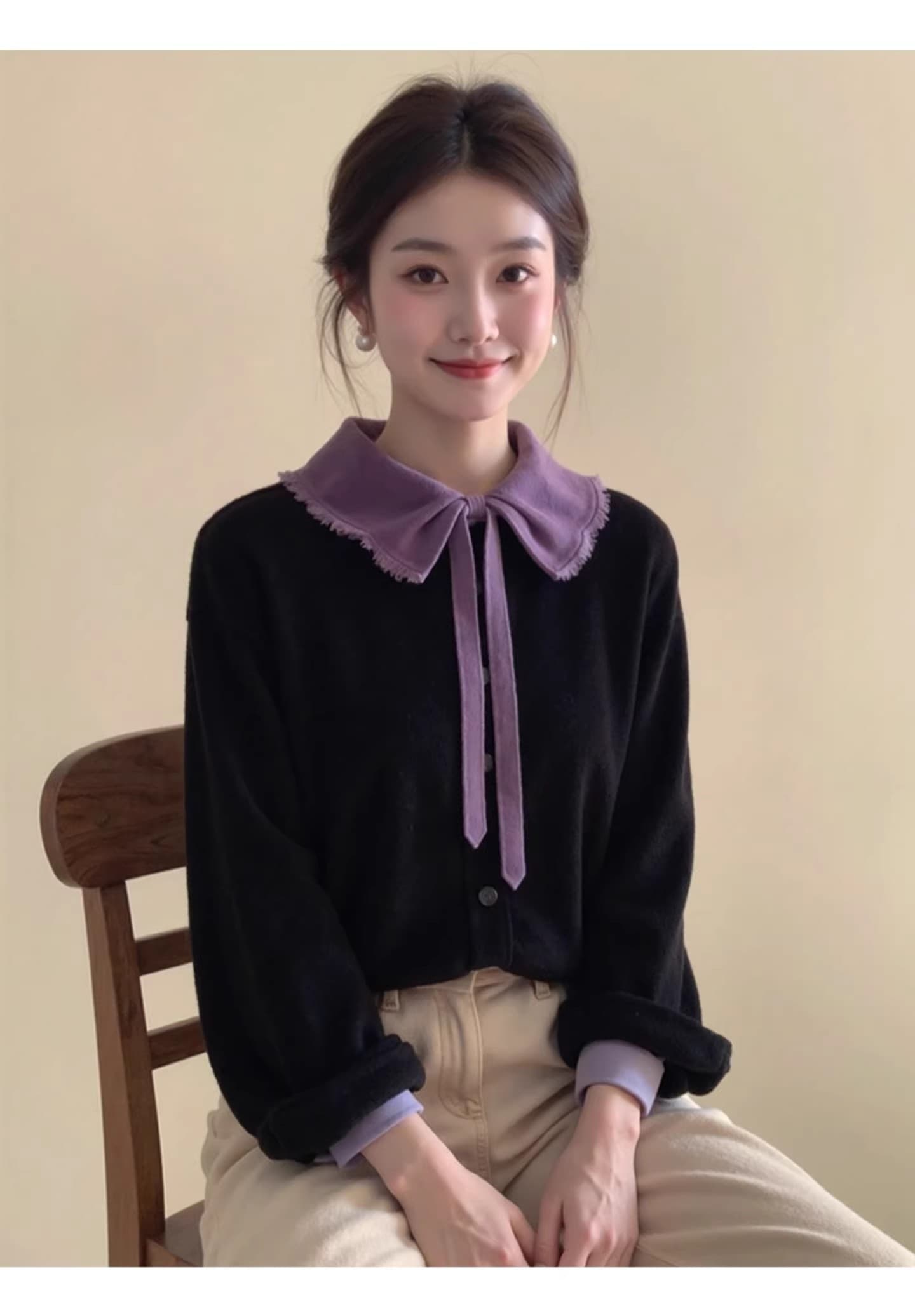 2026 슈퍼 화재 연령 감소 검정색 배색 베이비 칼라 벨벳 맨위 여성 가을 디자인 센스 고유 한 아름다운 품격 작은 셔츠 상세 이미지 2