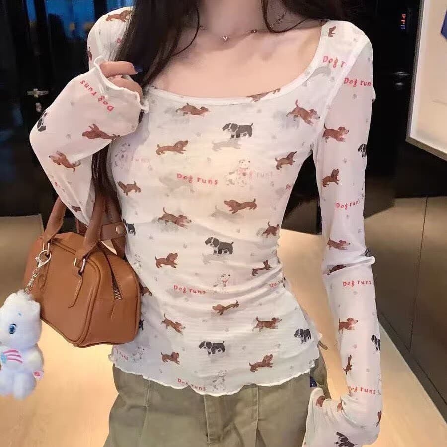 달콤한 핫걸 재미있는 강아지 프린트 긴팔 티셔츠 여성 가을 디자인 센스 몸매 가꾸기 기본 셔츠 Chic 인사이드 잡아라. 의류 상세 이미지 5