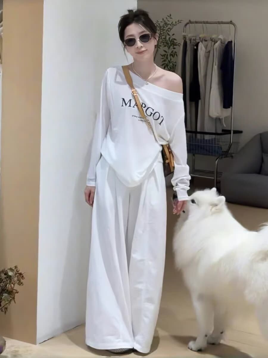 이른 가을 자이언트 잘 생긴 전체 집합 한 부서 패션 캐주얼 연령 감소 오프숄더 긴팔 자외선 차단 맨위 와이드 레그 팬츠 투피스 세트 상세 이미지 6