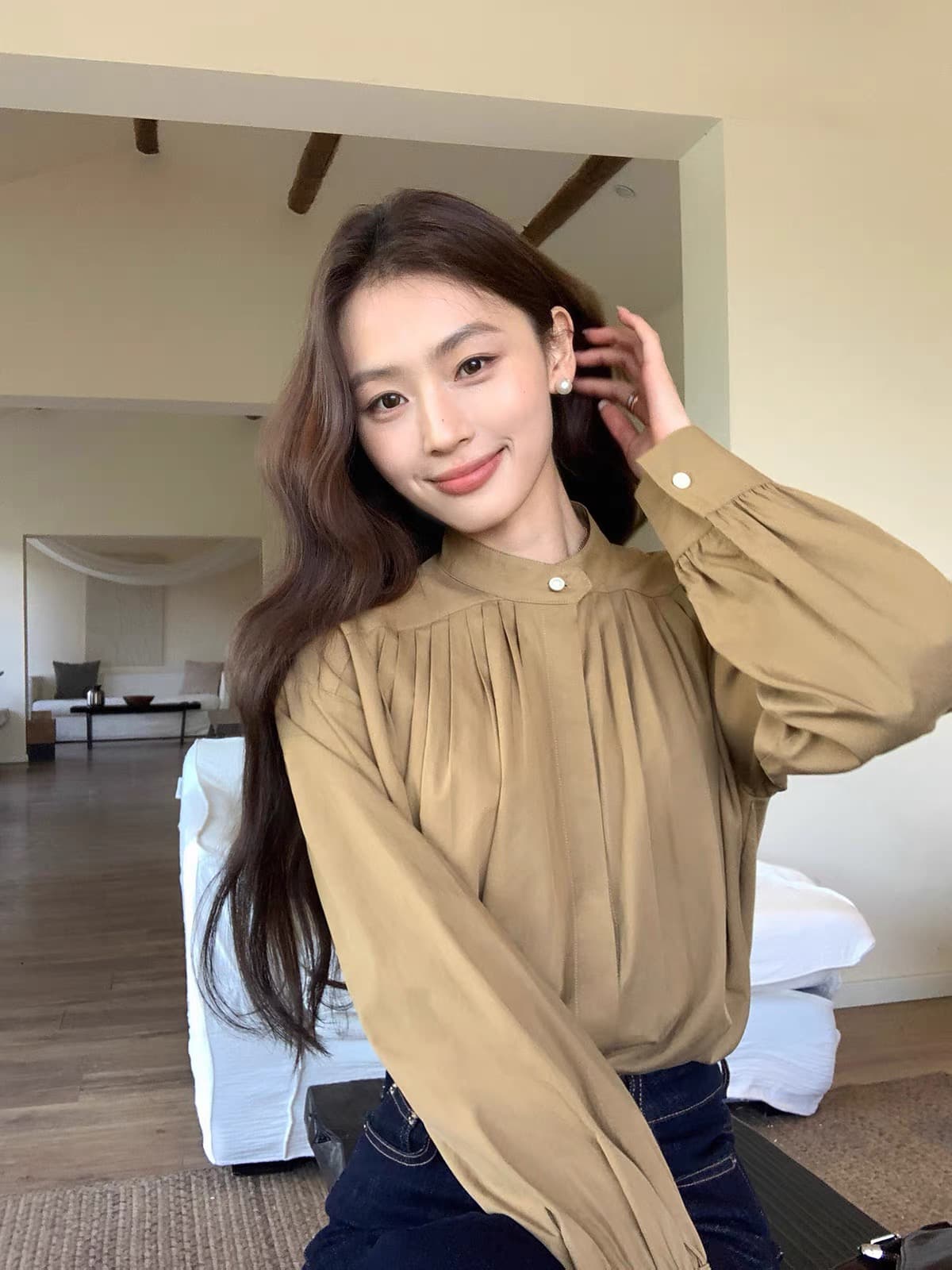 2026 새로운 라이 경기 서울 면 스탠드 칼라 여성 셔츠 높음 지혜 센스 출퇴근 루즈핏 긴팔 셔츠 상세 이미지 4