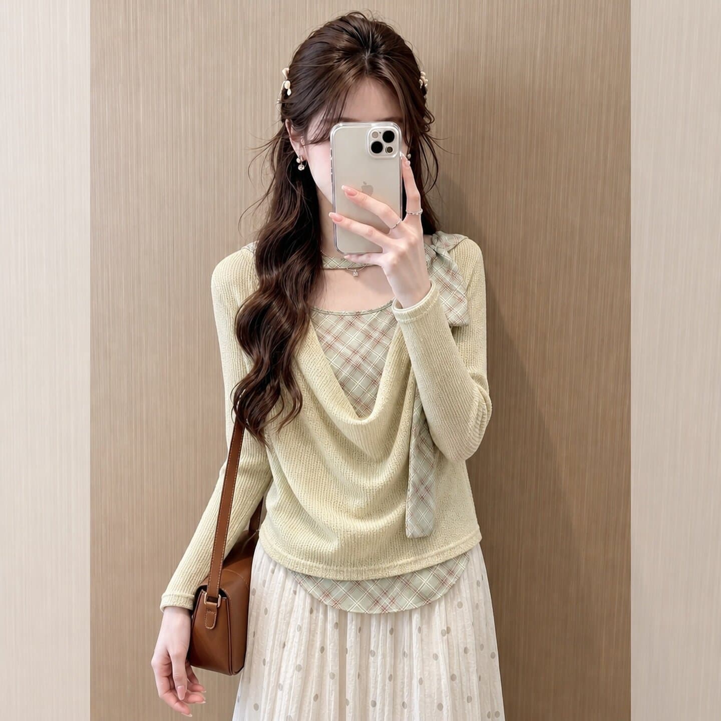 페이크 레이어드 회색 체크무늬 패치워크 긴팔 티셔츠 여성 디자인 센스 나비 매듭 스트랩 흔들다 칼라 인사이드 잡아라. 의류 가을 상세 이미지 2
