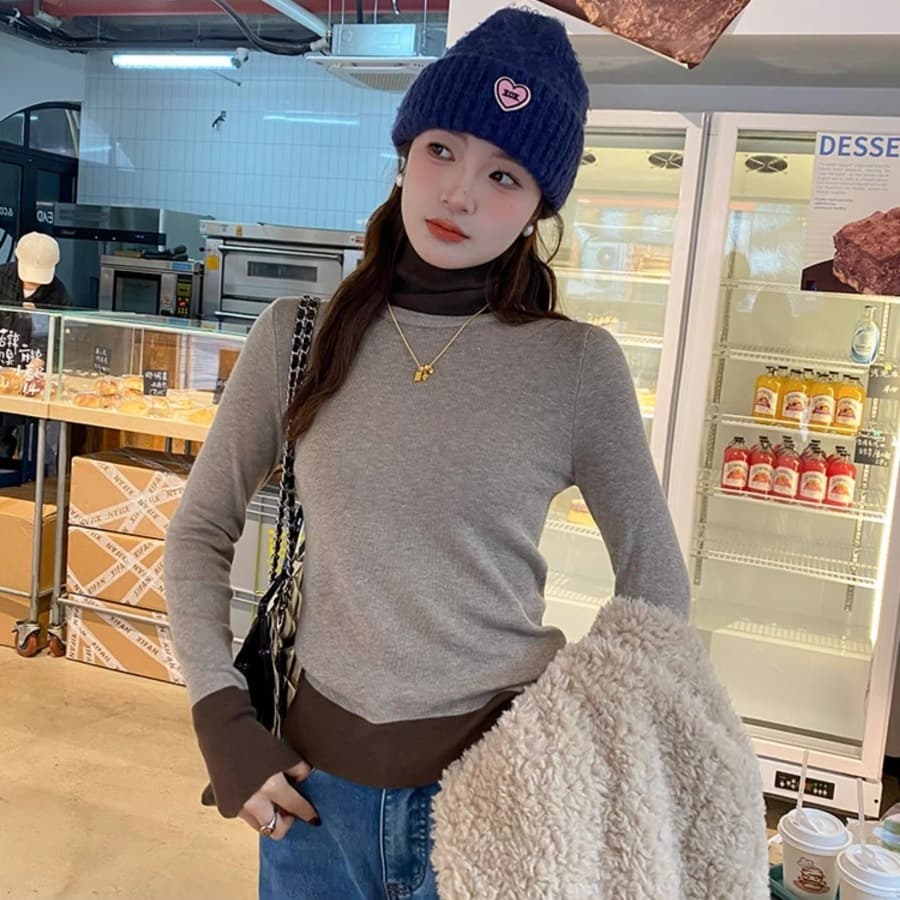 페이크 레이어드 터틀넥 스웨터 여자 가을 겨울 2026 새로운 말뚝 더미 칼라 인사이드 가져 가라. 기본 셔츠 몸매 가꾸기 긴팔 니트 맨위 이미지 5