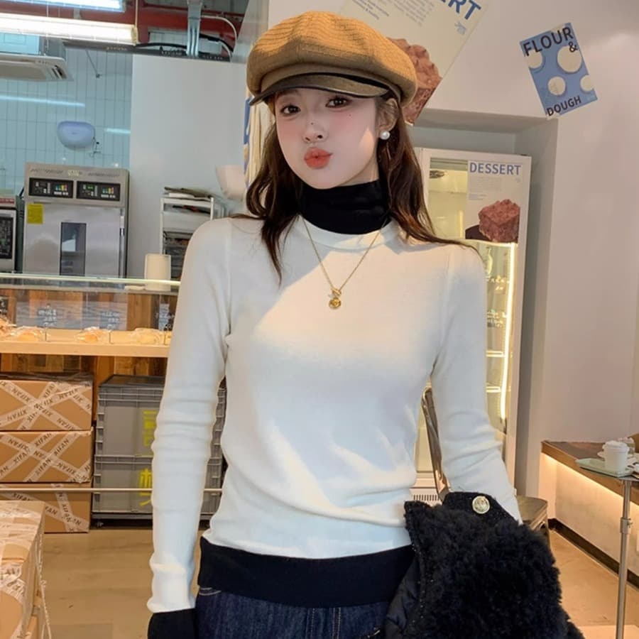 페이크 레이어드 터틀넥 스웨터 여자 가을 겨울 2026 새로운 말뚝 더미 칼라 인사이드 가져 가라. 기본 셔츠 몸매 가꾸기 긴팔 니트 맨위 상세 이미지 5