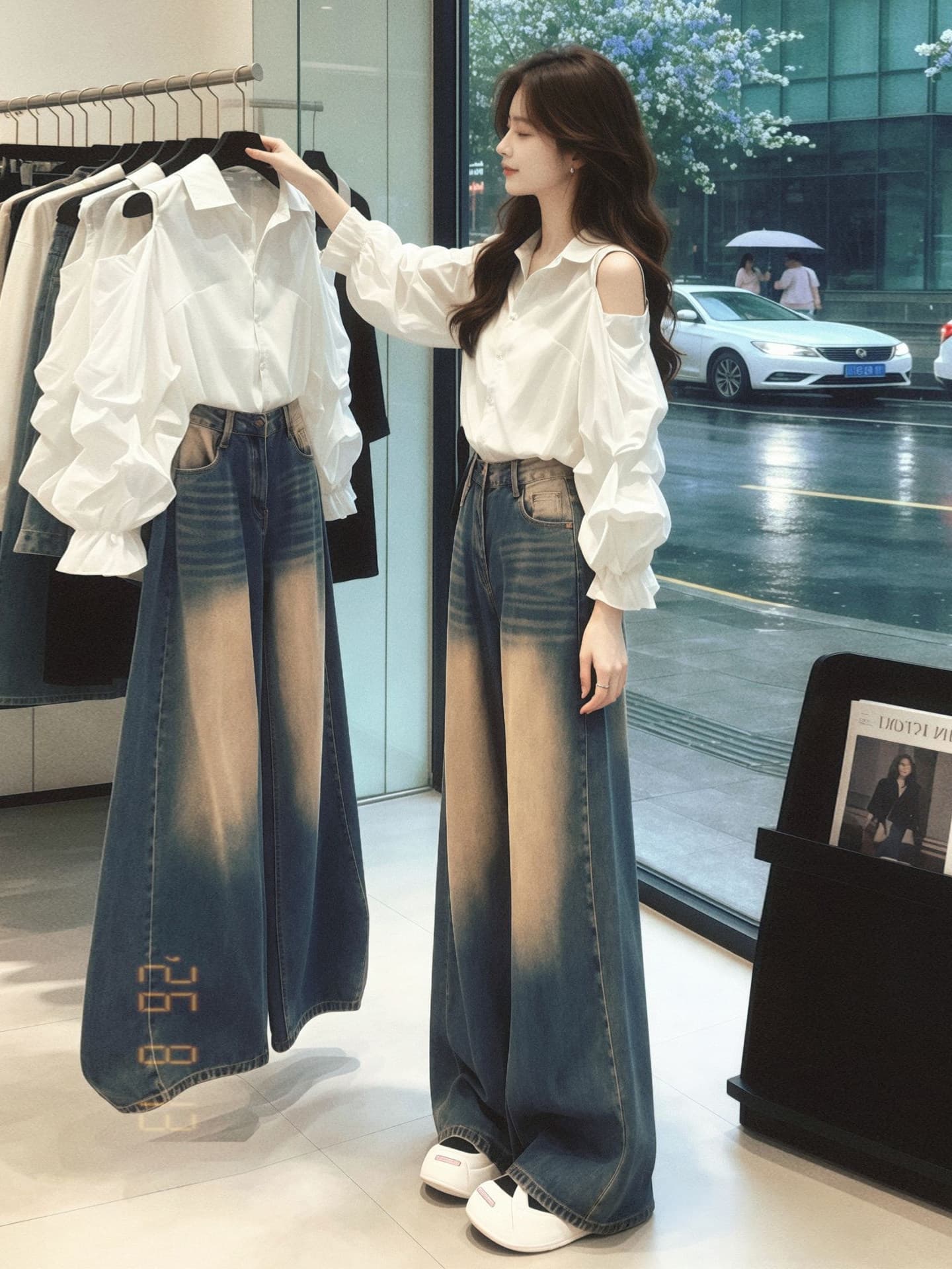 2026 새로운 화이트 오프숄더 벌룬 소매 셔츠 셔츠 조기 가을 의상 여자 한 부서 착용 가져 가라. 부드러운 품격 맨위