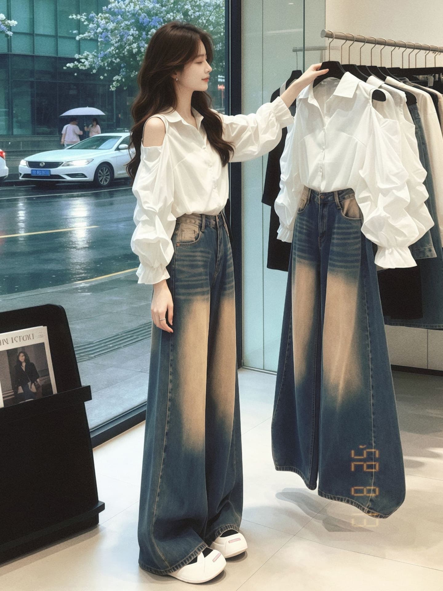 2026 새로운 화이트 오프숄더 벌룬 소매 셔츠 셔츠 조기 가을 의상 여자 한 부서 착용 가져 가라. 부드러운 품격 맨위 이미지 2
