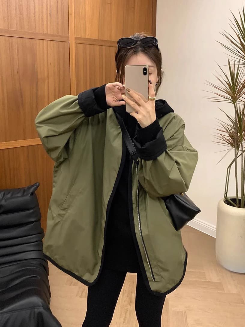 유럽 상품 배색 양면 착용 V넥 바람막이 여성 봄 가을 새로운 루즈핏 슬림해 보이는 야구 중간 길이 캐주얼 재킷 트렌디 상세 이미지 2