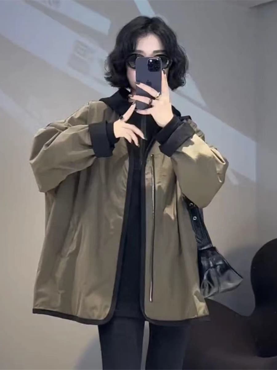 유럽 상품 배색 양면 착용 V넥 바람막이 여성 봄 가을 새로운 루즈핏 슬림해 보이는 야구 중간 길이 캐주얼 재킷 트렌디 상세 이미지 3