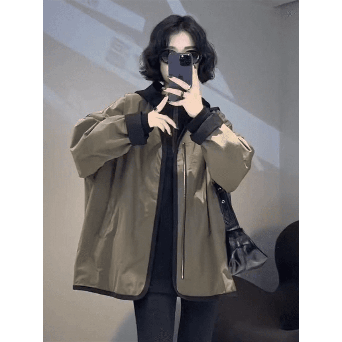 유럽 상품 배색 양면 착용 V넥 바람막이 여성 봄 가을 새로운 루즈핏 슬림해 보이는 야구 중간 길이 캐주얼 재킷 트렌디 상세 이미지 4