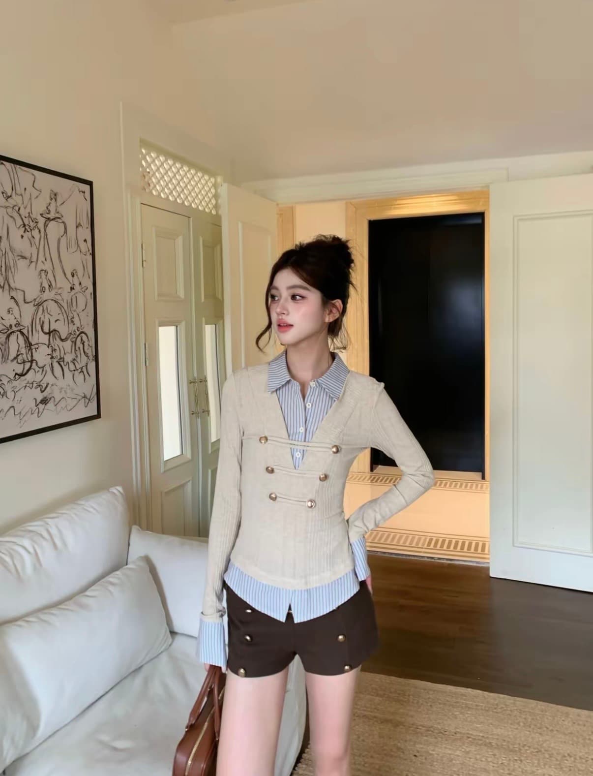 기타 한 작은 물고기 musefish 중년 나폴레옹 아메리칸 레트로 디자인 센스 배색 스트라이프 페이크 레이어드 세트 이미지 3