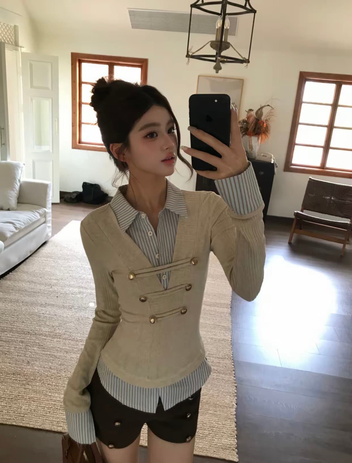 기타 한 작은 물고기 musefish 중년 나폴레옹 아메리칸 레트로 디자인 센스 배색 스트라이프 페이크 레이어드 세트 상세 이미지 5
