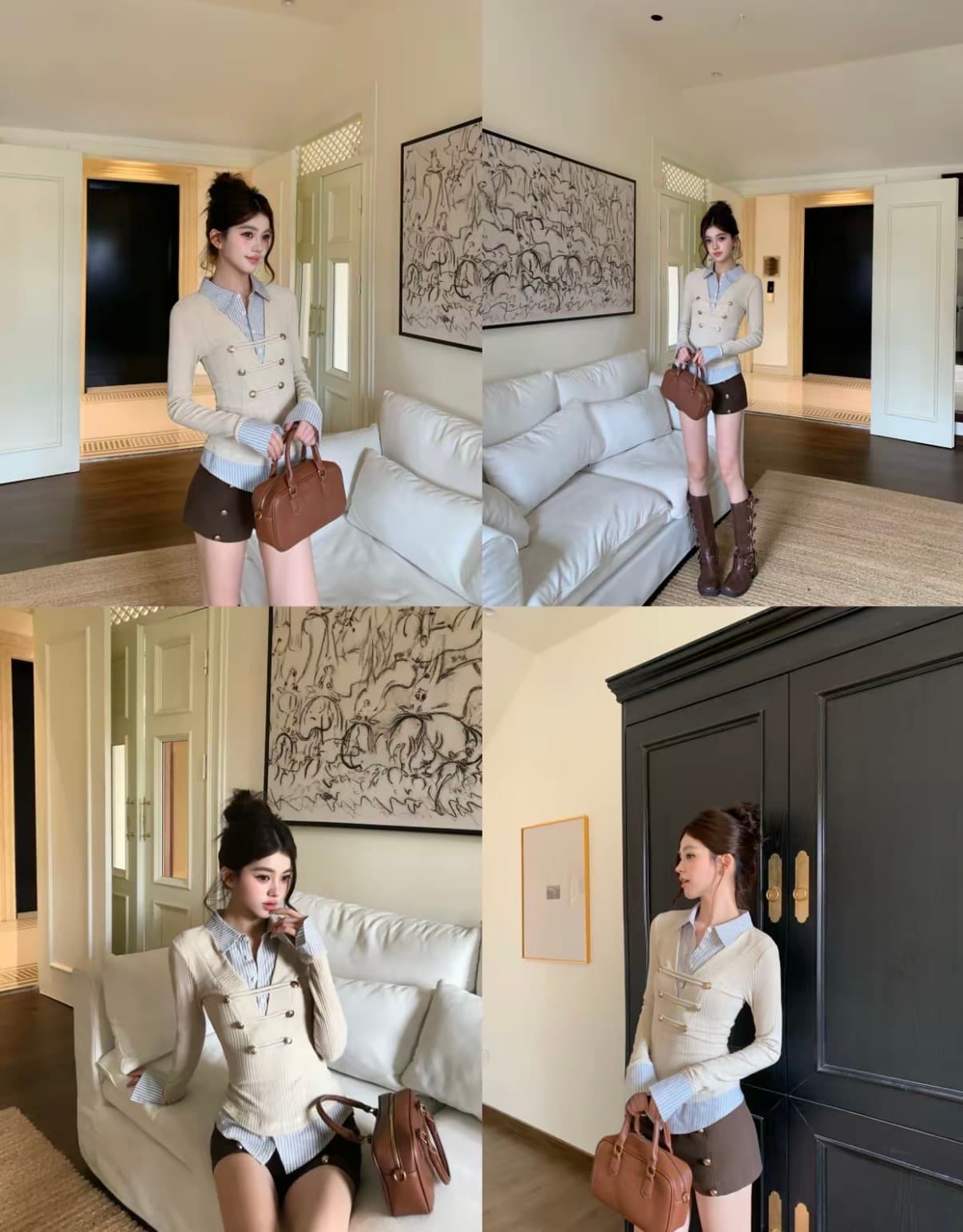 기타 한 작은 물고기 musefish 중년 나폴레옹 아메리칸 레트로 디자인 센스 배색 스트라이프 페이크 레이어드 세트 상세 이미지 11